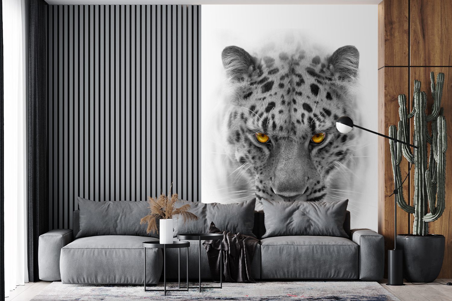 Montagefertig Tapete Tier, (3 - Schwarz Matt, für Fototapete - bedruckt, Wohnzimmer, St), Wandtapete Weiß - Leopard MuchoWow Vinyl