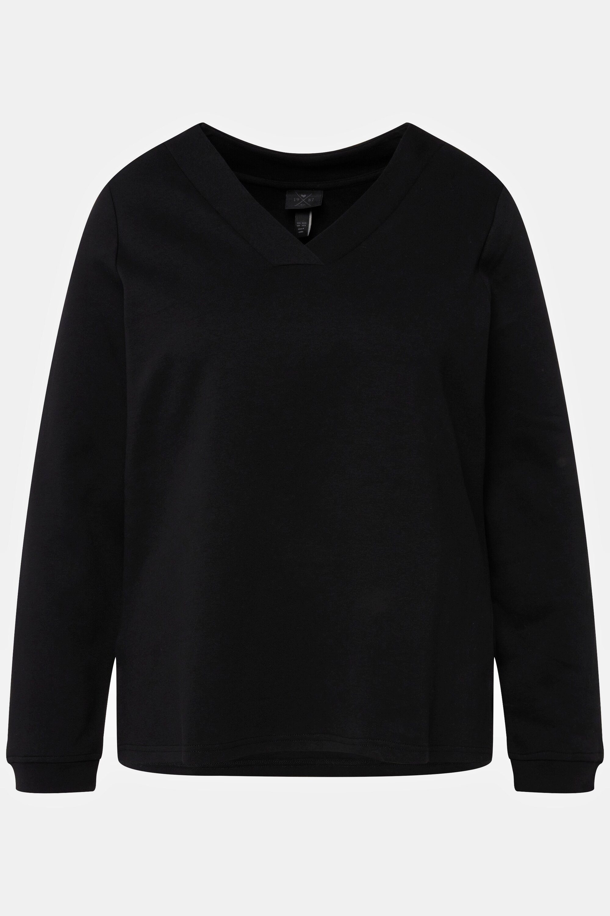 Sweatshirt Langarm Sweatshirt Ulla Popken V-Ausschnitt BLACK-Gummidruck