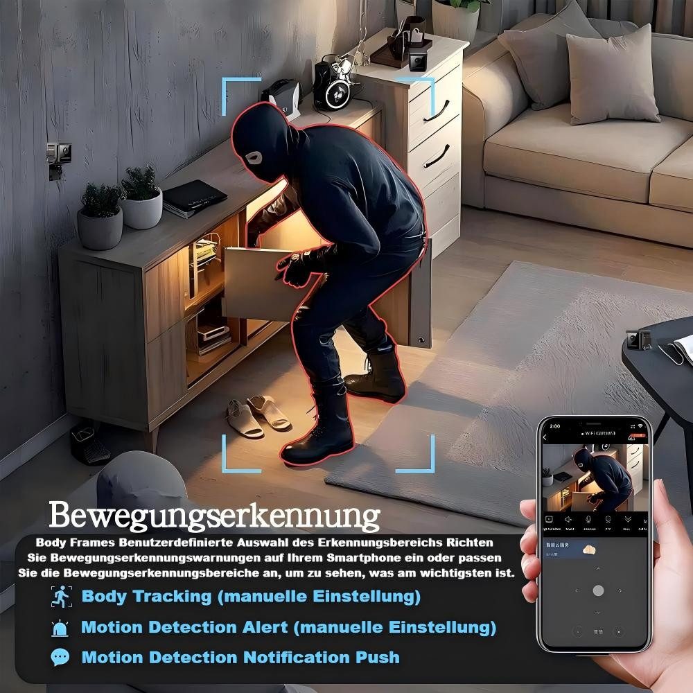 Toomoke Überwachungskamera Mini WLAN Überwachungskamera Innen 1080P HD mit Nachtsicht (Überwachungskamera innen,Lange Standby WiFi Kamera, Bewegungserkennung & Cloud-Speicher, Akku-Betrieb, 130° Weitwinkel,Handy APP,für Startseite Büro Sicherheit)