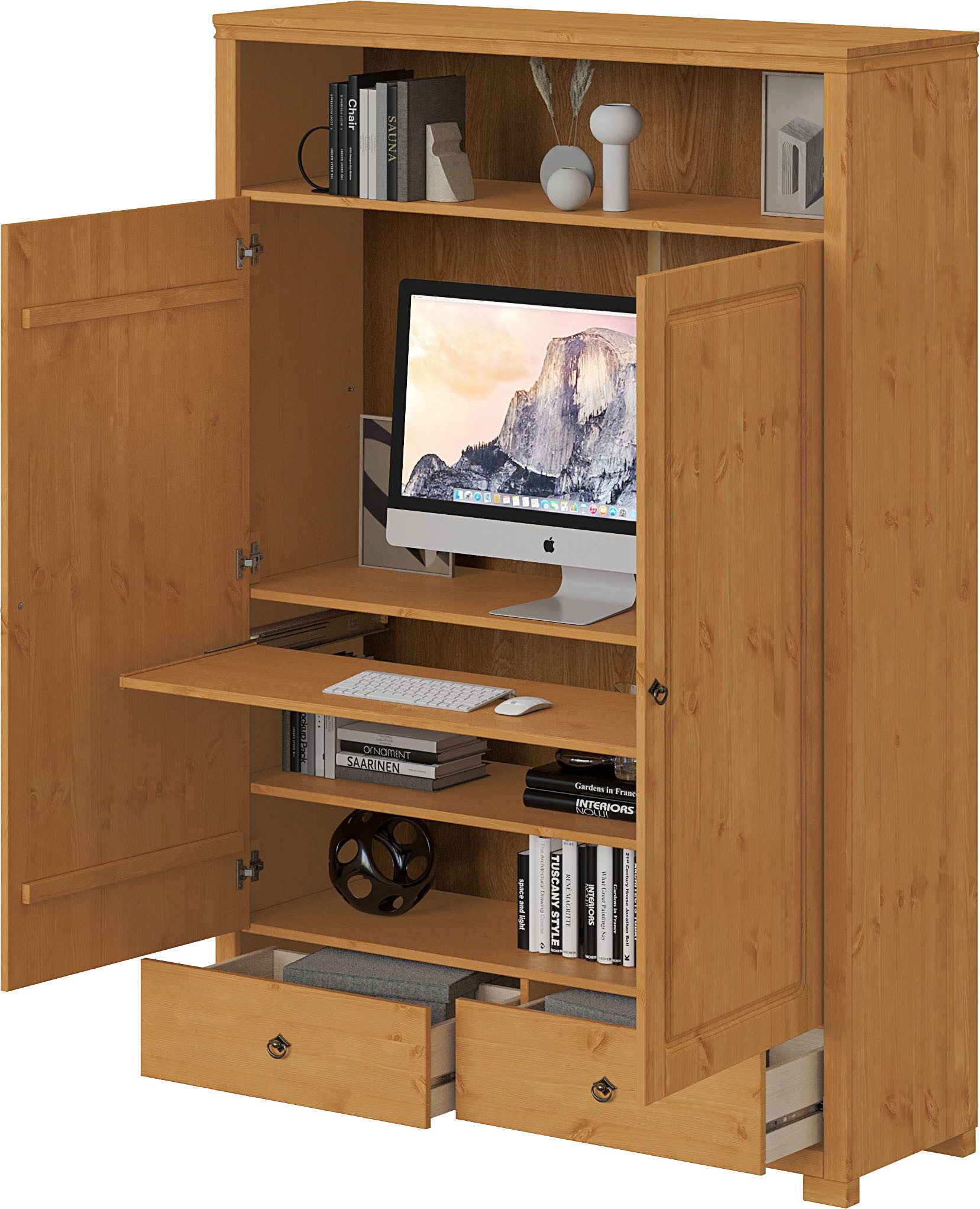 OTTO home Wäscheschrank Gotland! Home Office Schrank, Mehrzweckschrank, Büroschrank (H/B/T ca. 180/125/40cm) mit Ausziehregal, Schublade, stabil + langlebig, Massivholz made in EU