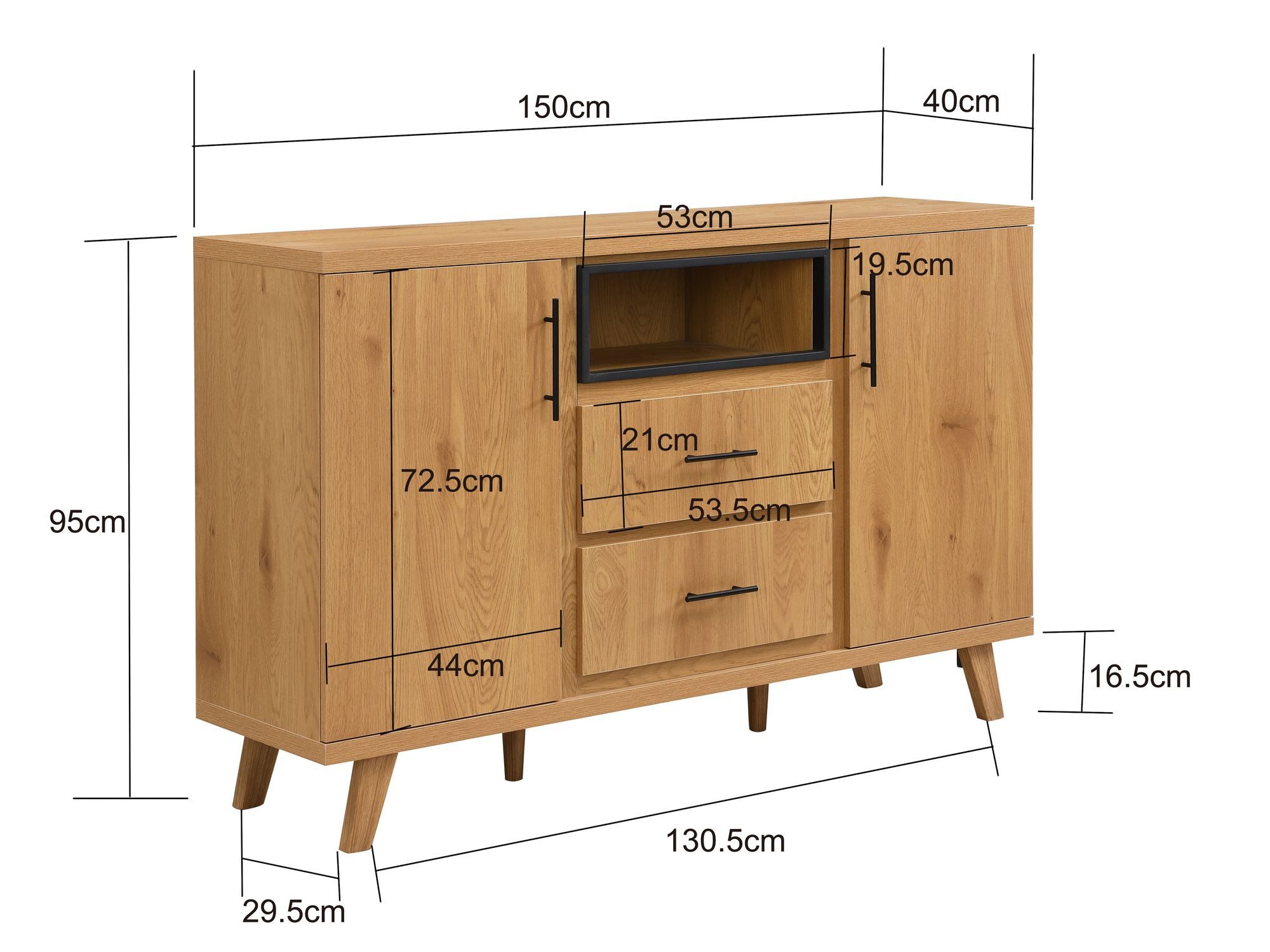 FINEBUY Sideboard FB117895 Kommode Eiche Dekor 150cm Standschrank Anrichte Flurschrank (Breites Aufbewahrungsmöbel für deine Utensilien), Heller Schrank mit viel Stauraum