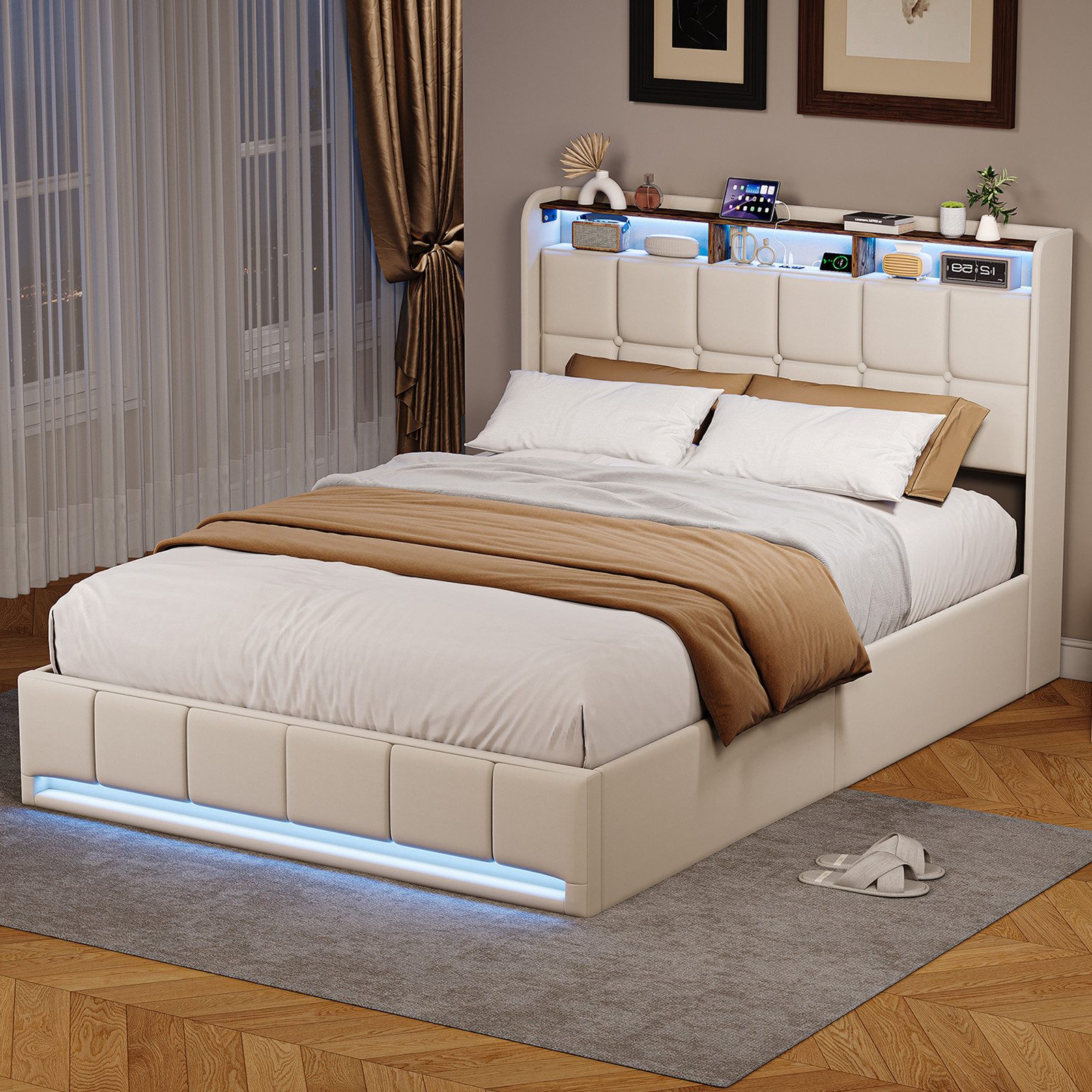 zebery Polsterbett Hydraulisches Doppelbett mit Stauraum (Set, 1-tlg., 140x200cm LED-Beleuchtung Bettgestell mit Ladefunktion), Beige