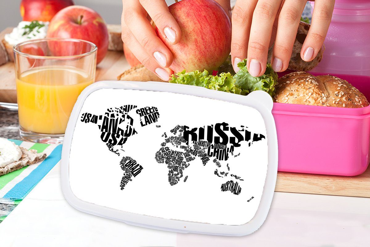MuchoWow Lunchbox Weltkarte - Snackbox, Kinder, Kunststoff, (2-tlg), Kind Erwachsene, - - Brotdose Mädchen, rosa Weiß - Mädchen, Brotbox Schwarz Wörter Junge - Kunststoff für 