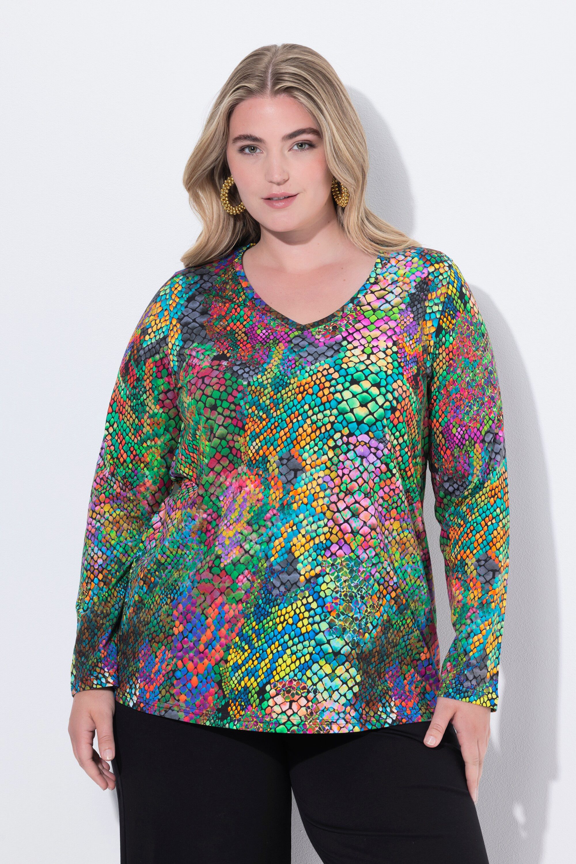 Ulla Popken Longshirt Shirt Schlangenmuster A-Linie V-Ausschnitt Langarm günstig online kaufen