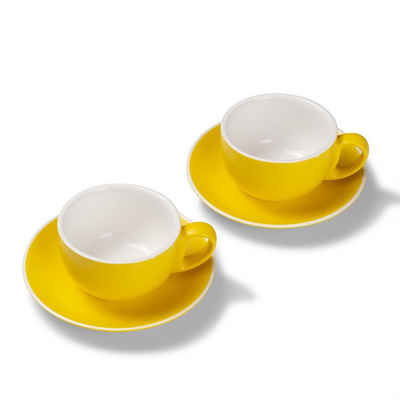 Terra Home Tasse 2er Milchkaffeetassen-Set, Gelb matt 350 ml mit Untertasse, Porzellan, spülmaschinenfest,extra dickwandig