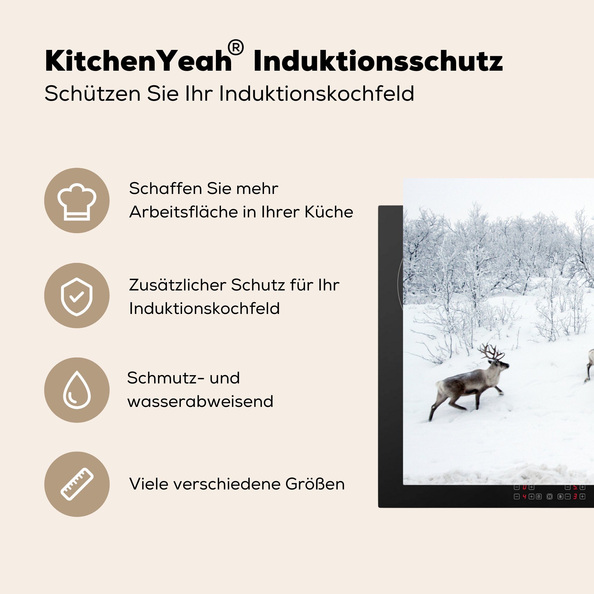Induktionskochfeld MuchoWow (1 die küche, 81x52 Wald Ceranfeldabdeckung cm, - Winter, Schutz Rentier für Vinyl, Herdblende-/Abdeckplatte - - tlg), Schnee