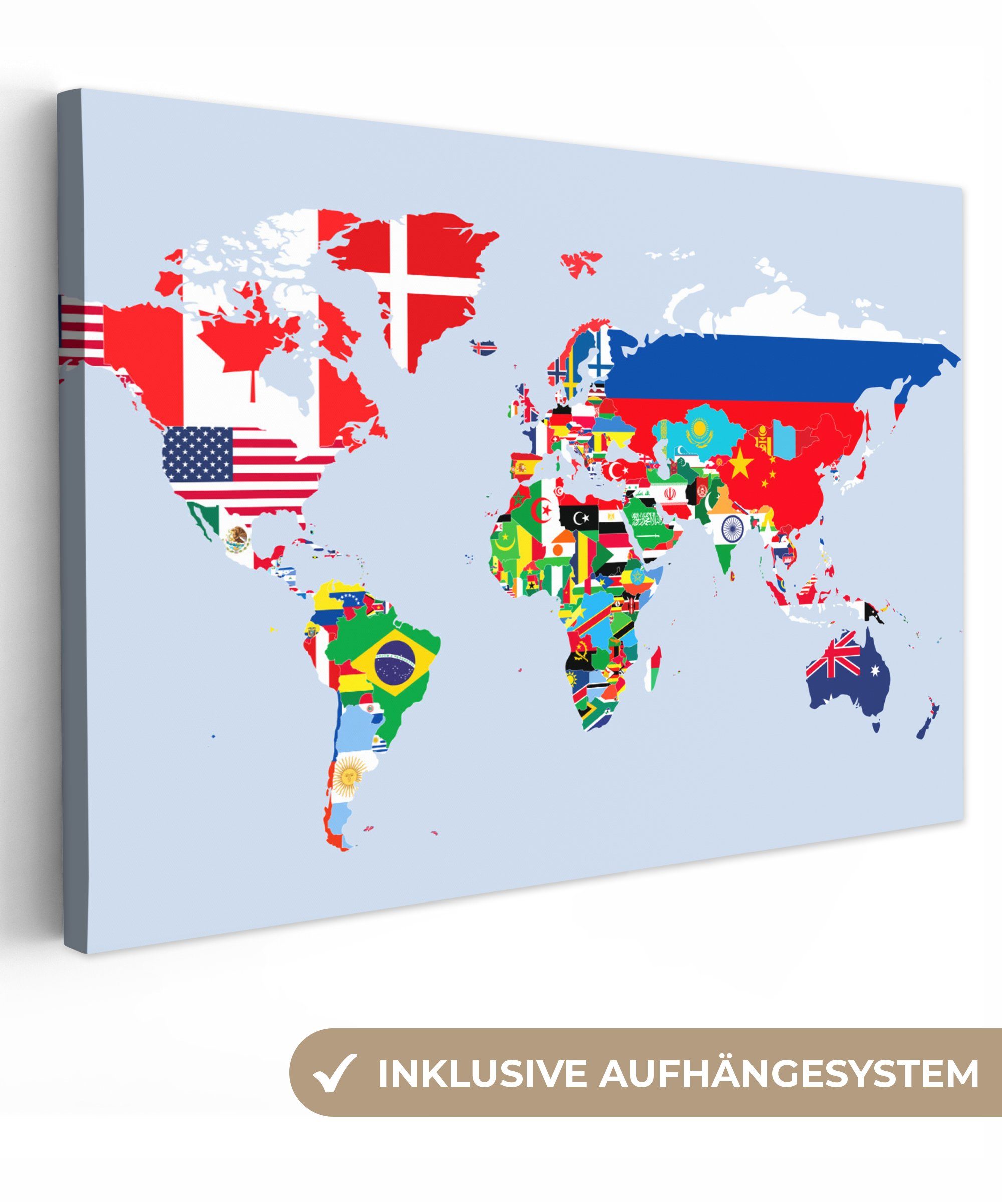 OneMillionCanvasses® Leinwandbild Welt - Karte - Flagge - Länder, (1 St), Wandbild Leinwandbilder, Aufhängefertig, Wanddeko, 30x20 cm