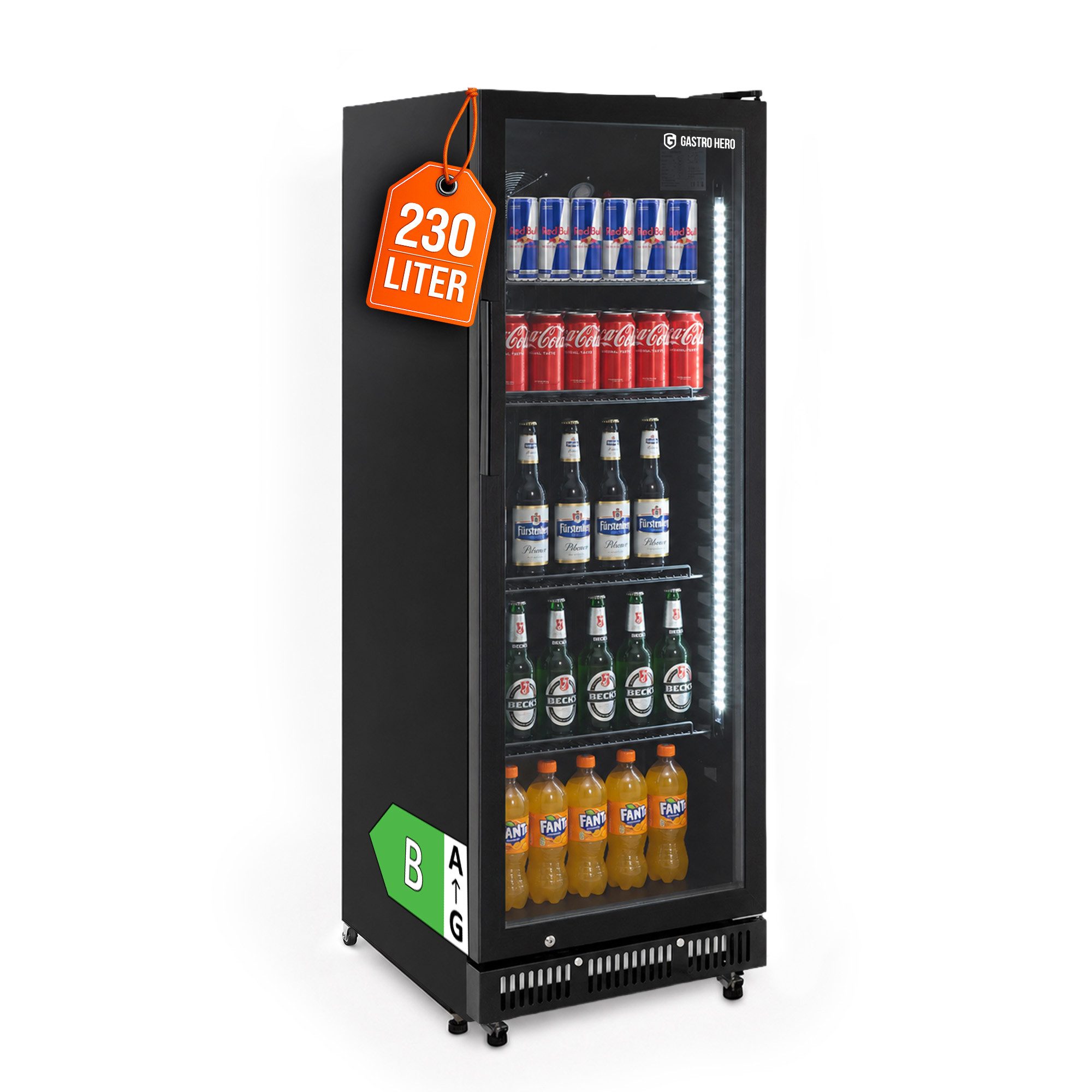 GastroHero Getränkekühlschrank Flaschenkühlschrank 230 L mit Glastür, LED & Schloss, schwarz GKS-230, 146.2 cm hoch, 53 cm breit, doppelverglaster Isolierglastür, Temperaturbereich: 0 °C bis +8 °