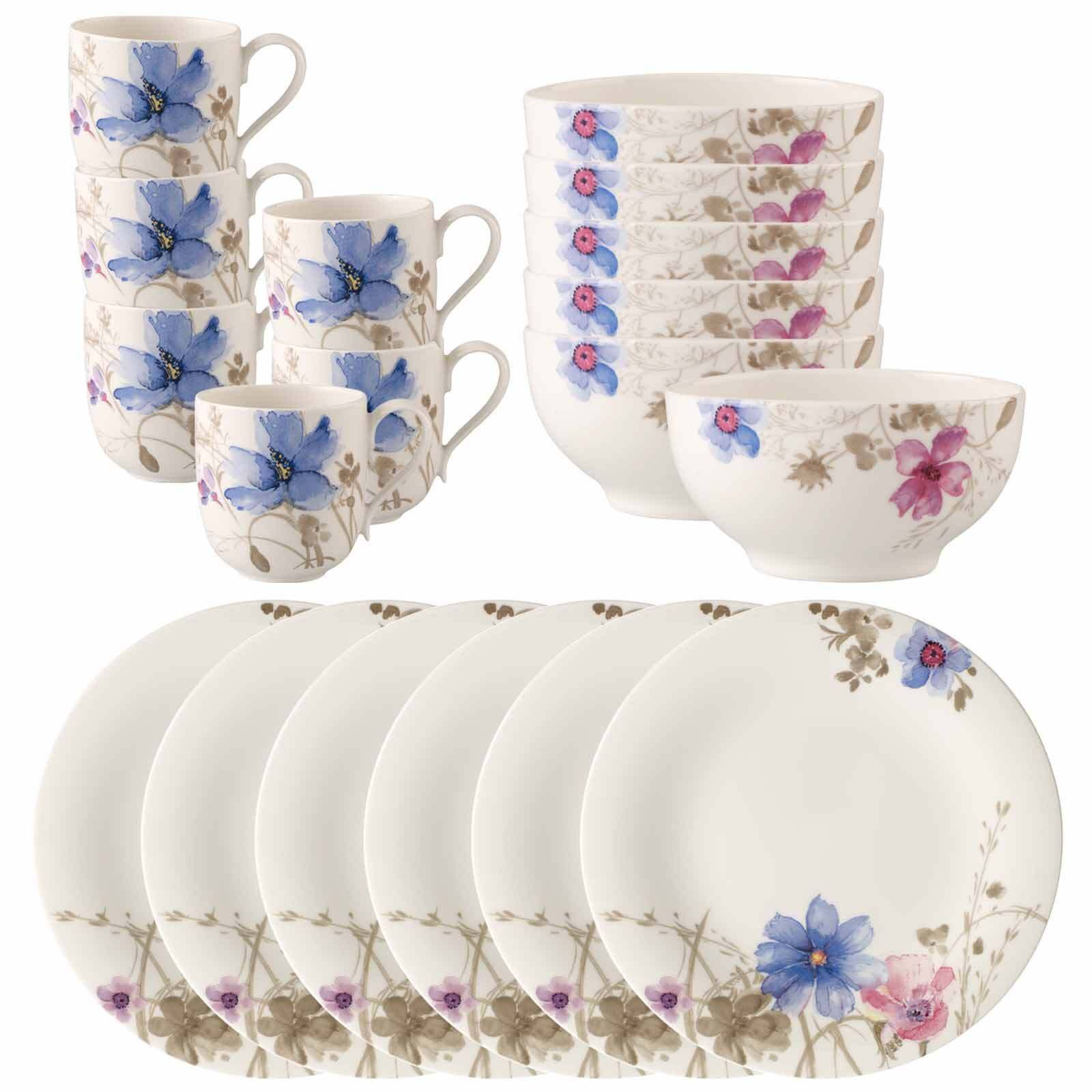 Villeroy & Boch Frühstücks-Geschirrset Mariefleur Gris Basic Frühstücks-Set 18-tlg. (18-tlg), 6 Personen, Porzellan