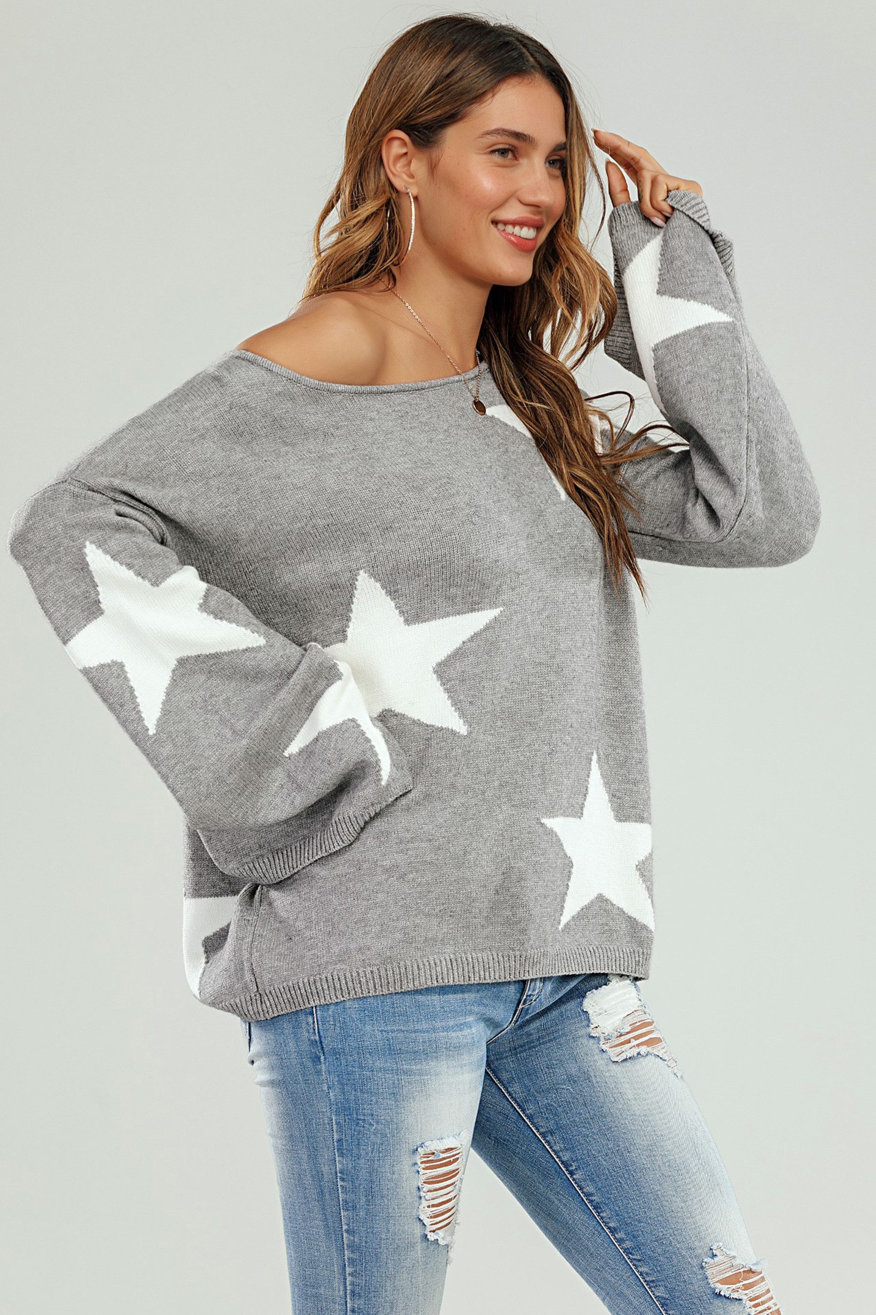 FS Collection Strickpullover Oversize Pullover mit weiten Ärmeln und Stern – Strickwaren (Einheitsgröße: UK 8–12 / EU 36–40, 5 Farben : Grau, Schwarz, Creme, Rot, Dunkelgrün) 100 % Acryl