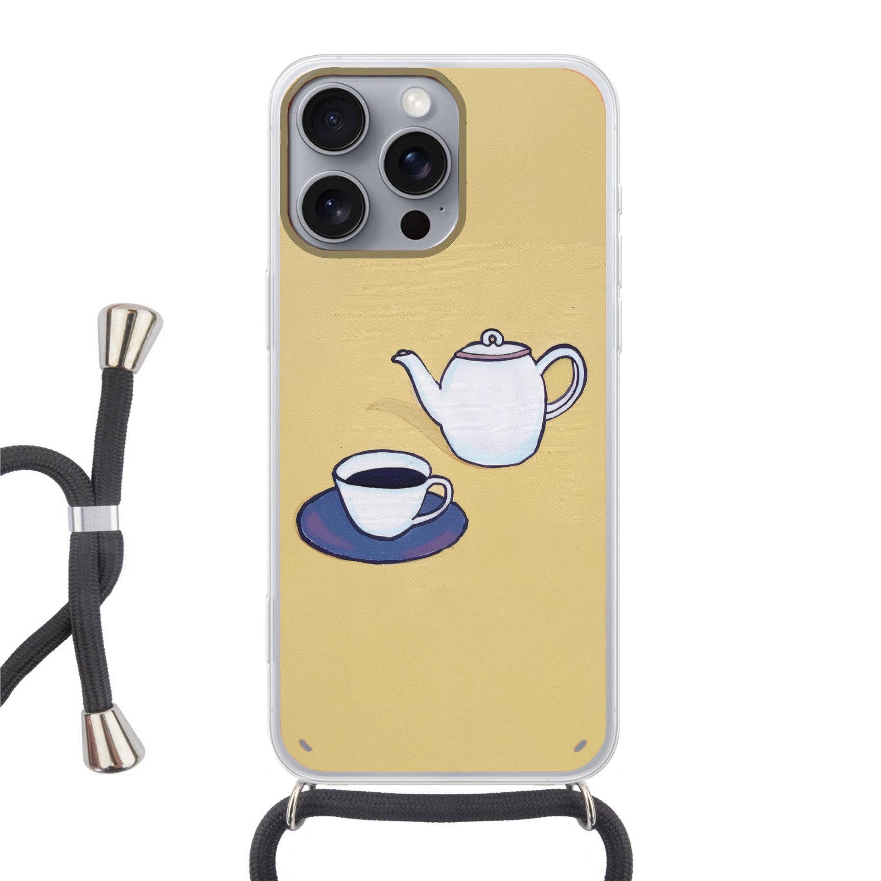 MuchoWow Handyhülle für Apple iPhone 16 Pro Max Teekanne - Tasse - Beige - Illustration, Tragbare Handyhüllen mit Kette zum umhängen, Handykette Handyband