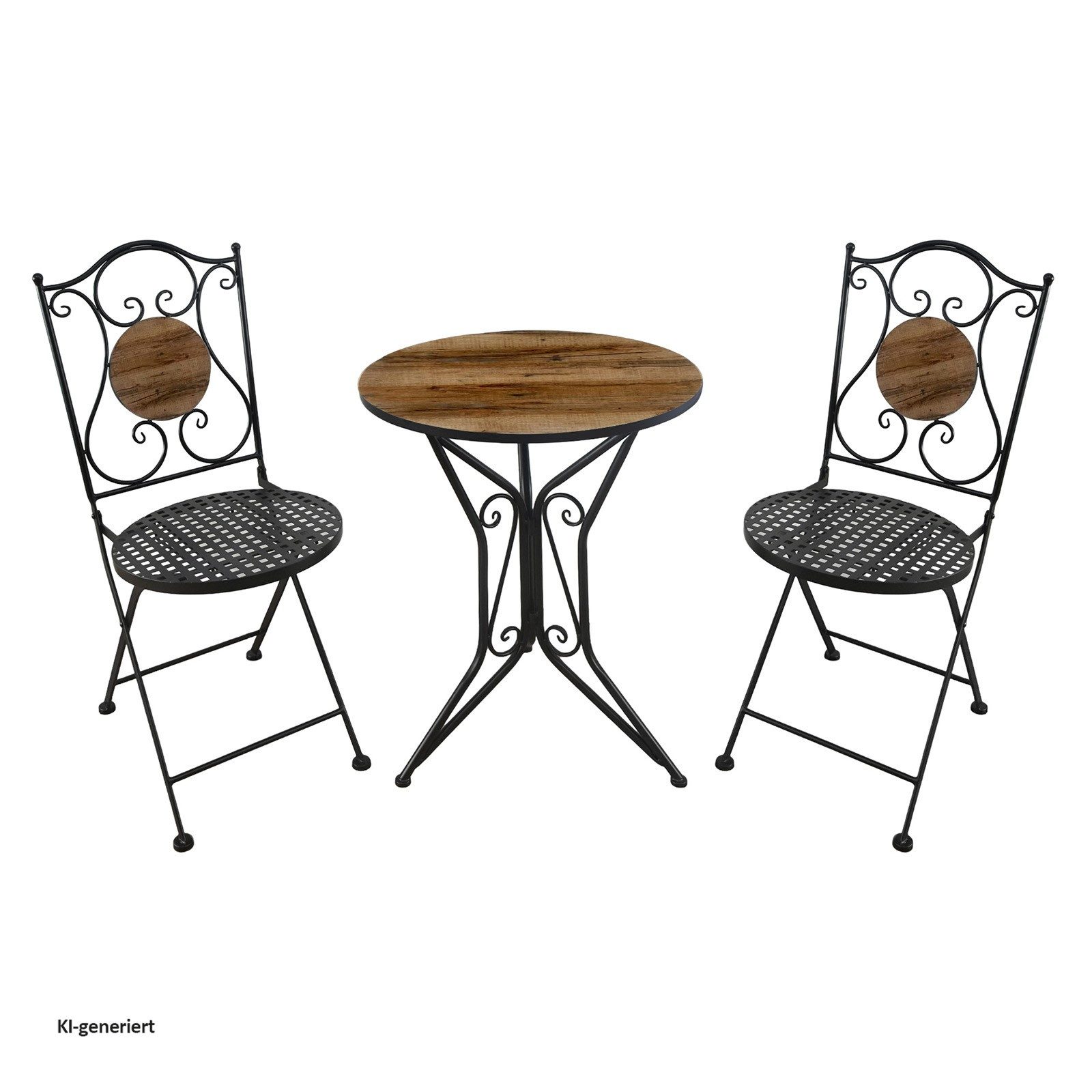 HTI-Living Garten-Essgruppe Sitzgruppe Metall Bistro Set mit Motiv Holz für Balkon und Terrasse, (Set, 3-tlg., 1 Tisch 2 Stühle), Sitzgruppe Essgruppe Balkonset
