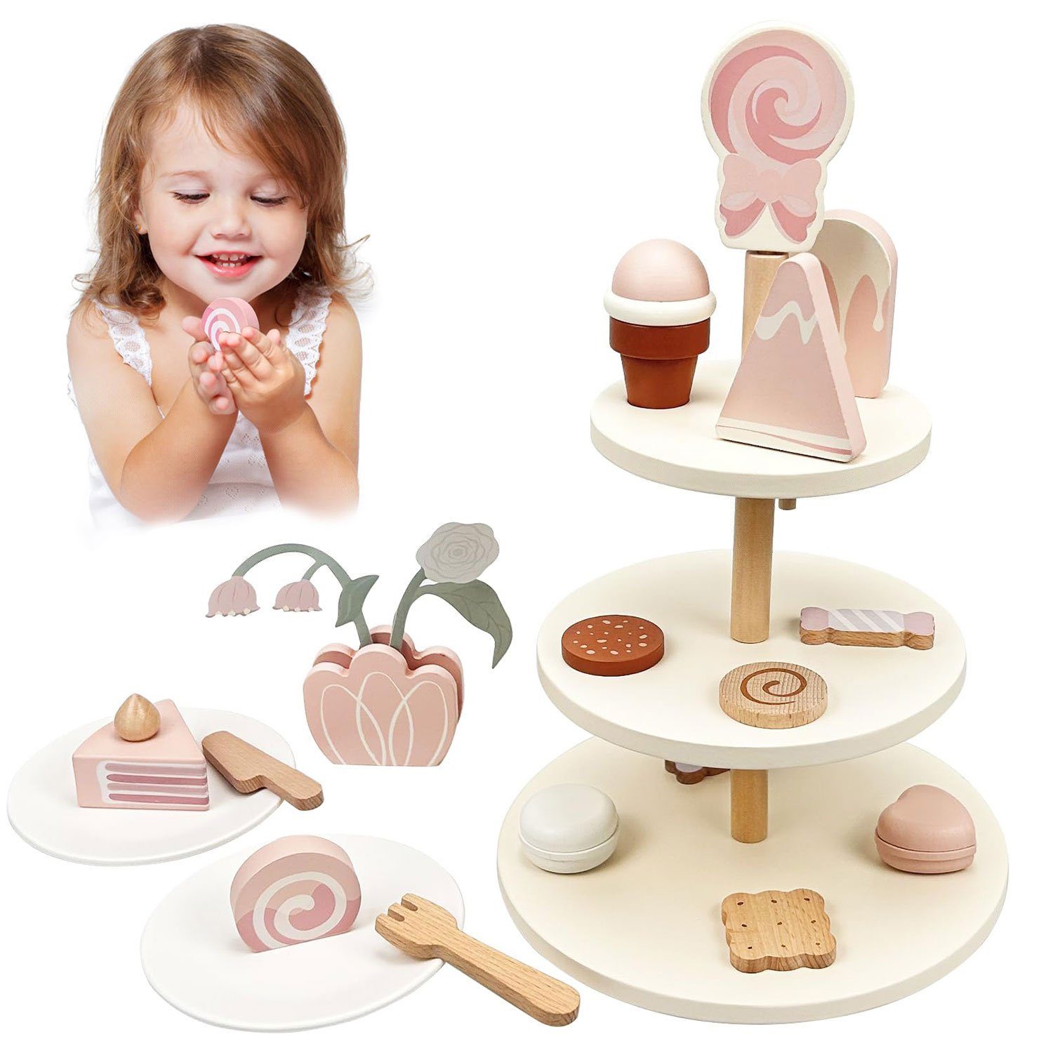 Daisred Lernspielzeug 17 Stücke Teeservice Kinder Holz Spielküche Zubehör