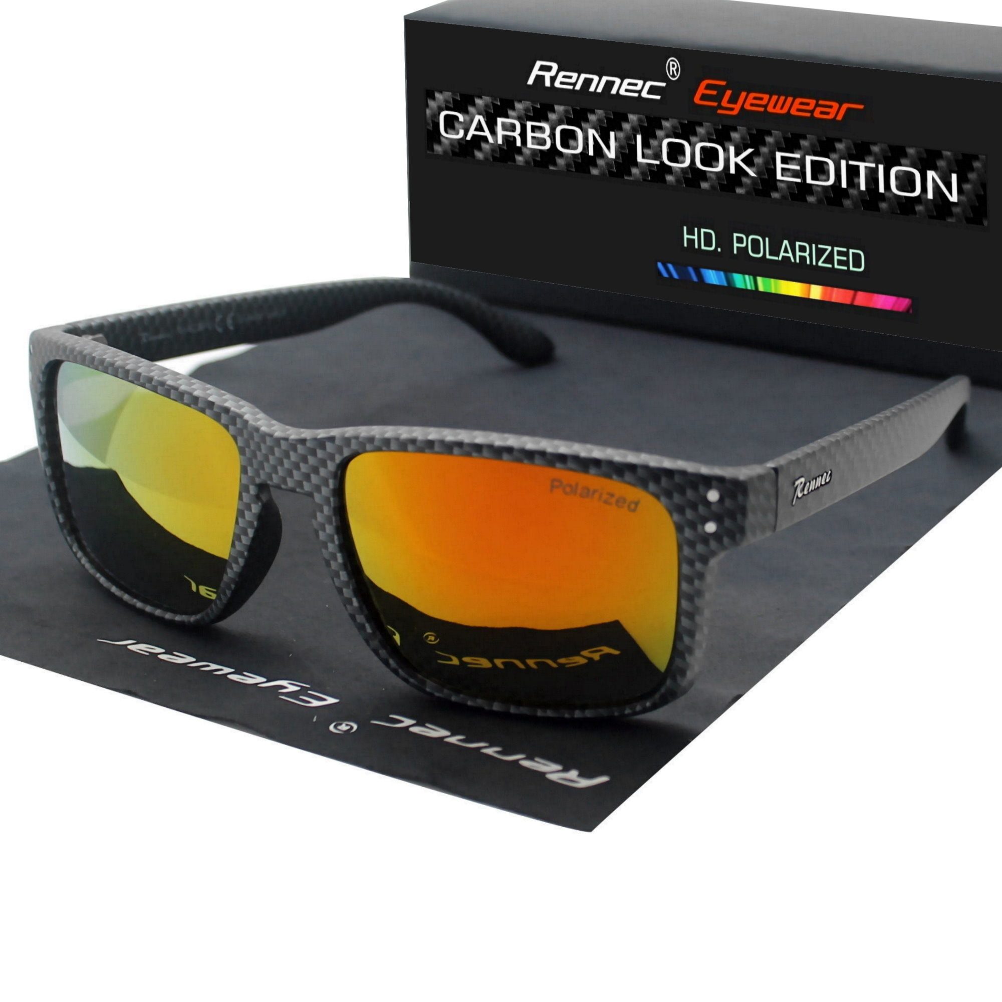 Rennec Sonnenbrille Herren Polarisiert Rechteckig Carbon Optik mit Hardcase Gläser UV400 Getönt oder Verspiegelt, Edelstahl Bügelgelenke 3in2 – Bild 2 von 5