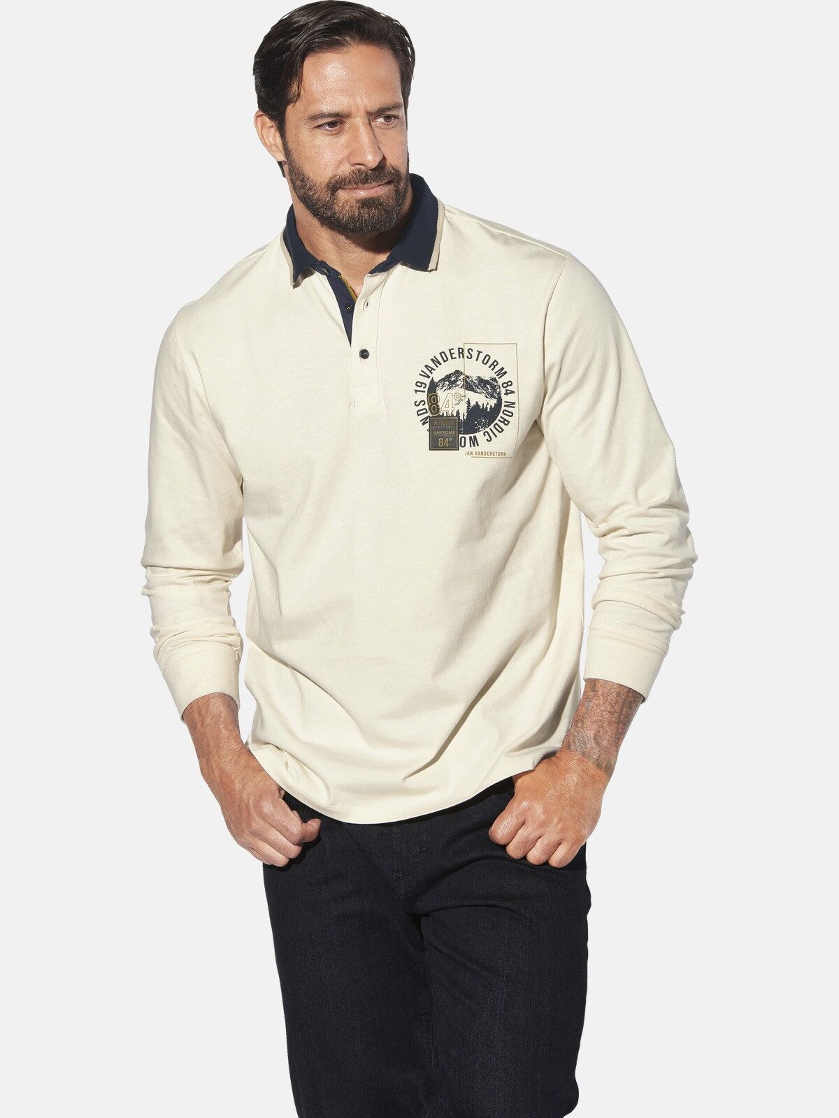 Jan Vanderstorm Langarm-Poloshirt OLSLAND mit großem Brust-Print