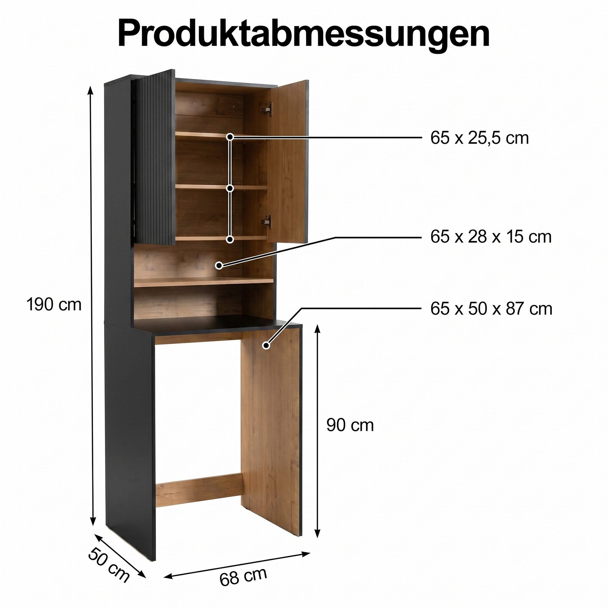 UEV Waschmaschinenumbauschrank mit 2 offen Ablagen & Verstellbare Ablagen, 68 x 50 x 190 cm Waschmaschinenschrank mit Kippschutz, Überbauschrank für Waschmaschine