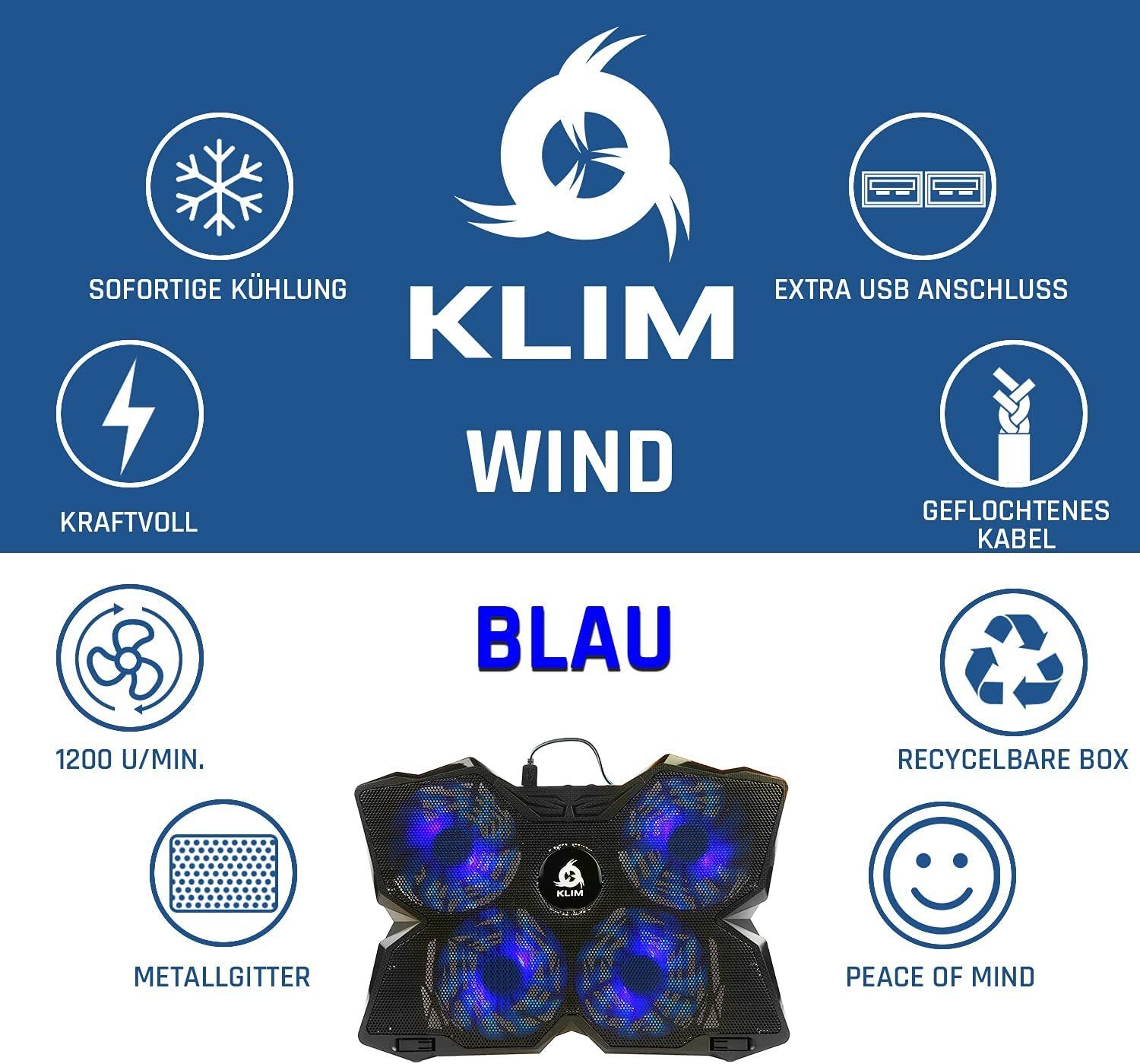KLIM Notebook-Kühler Wind, – der leistungsstärkste Kühlventilator Laptop-Kühlpad schnelle Blau
