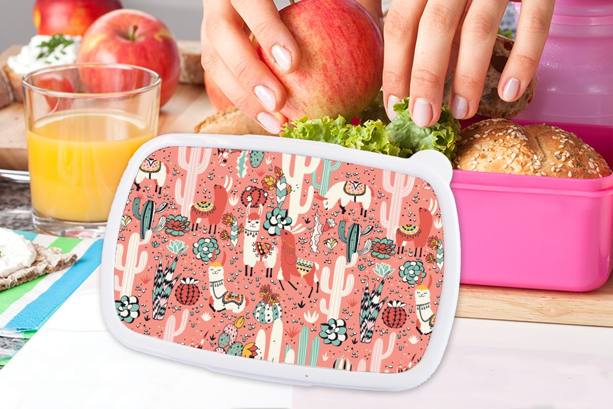 Lunchbox Brotbox Dschungel Muster für - Erwachsene, Mädchen, MuchoWow Brotdose Kinder, - Snackbox, Lama, Kunststoff (2-tlg), rosa Kunststoff,