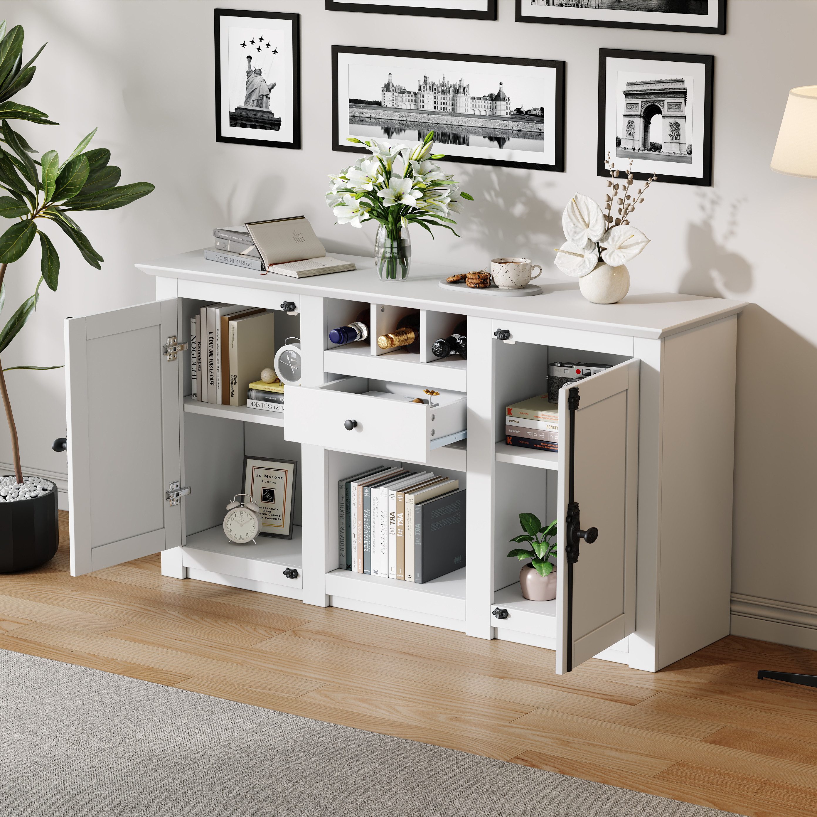 Merax Sideboard Wohnzimmerschrank, Weiß mit schwarzen Griffen (130×35×70cm, günstig online kaufen