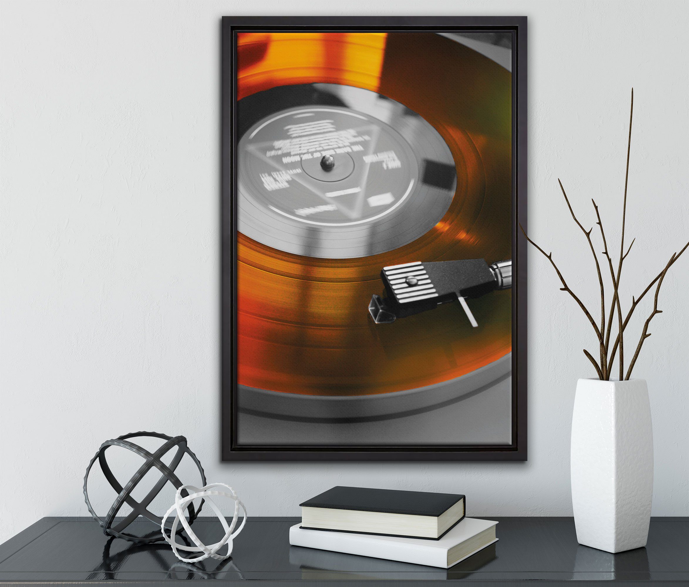 Leinwandbild Schattenfugen-Bilderrahmen in Pixxprint alter Schallplattenspieler, bespannt, inkl. einem (1 fertig gefasst, Leinwandbild Wanddekoration Zackenaufhänger St),
