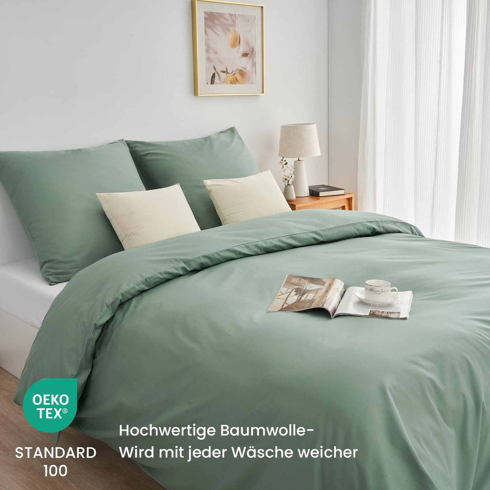 Topfinel Bettwäsche 135 x 200 baumwolle weich hautfreundlich Allergiker Baby ganzjährig, Baumwolle, 2 teilig, bettwäsche-sets 135 X 200 mit reißverschluss Salbeigrün Einfarbig boho