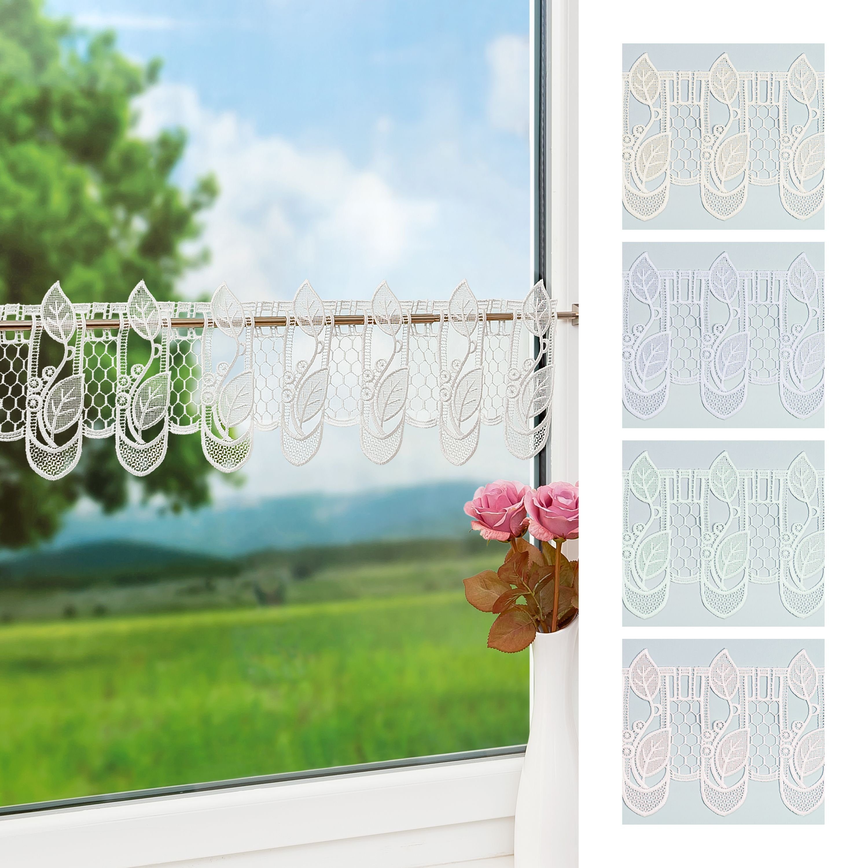 Plauener Spitze Scheibengardine Blumenspitze #1W – 73,5x32 Cm, 100% Polyester, Transparent, Für Stangen, Waschbar Bei 40°C
