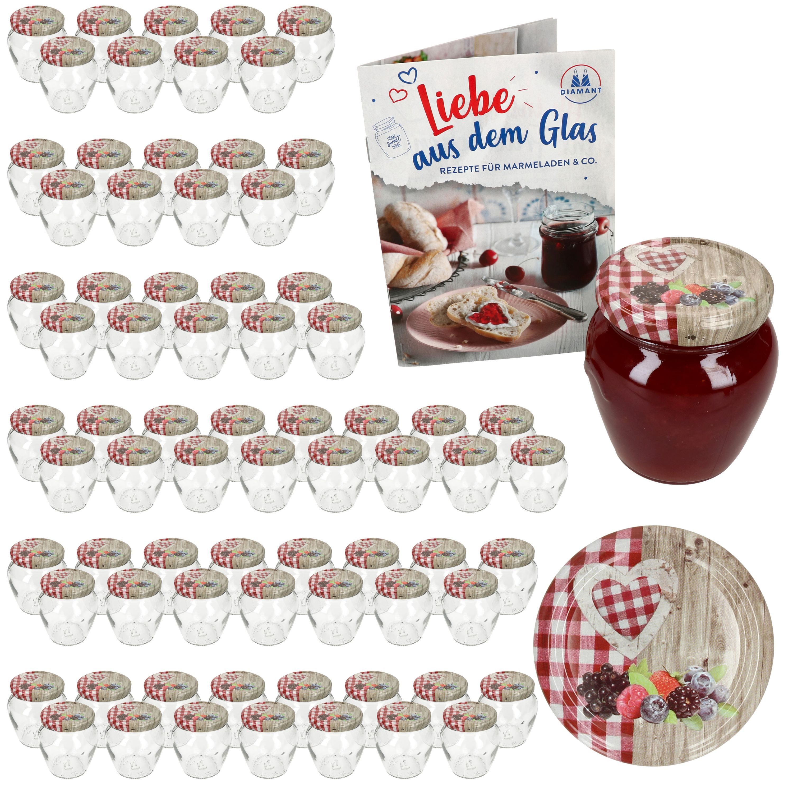 MamboCat Einmachglas Mambocat 75er Set Marmeladengläser 212 ml Holz-Herz Rot Beeren Deckel, Glas