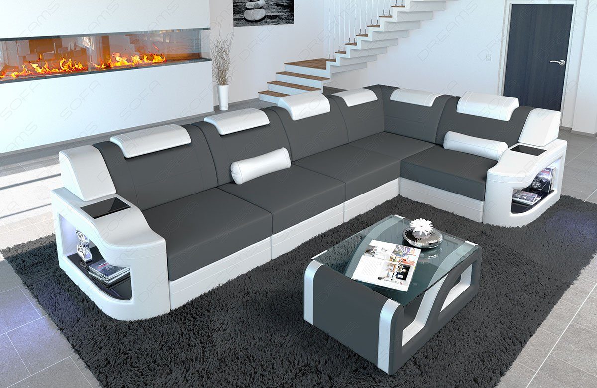 Sofa Dreams Ecksofa Polsterstoff Design Stoff Sofa Padua L Form M Mikrofaser Stoffsofa, Couch wahlweise mit Bettfunktion grau-weiß