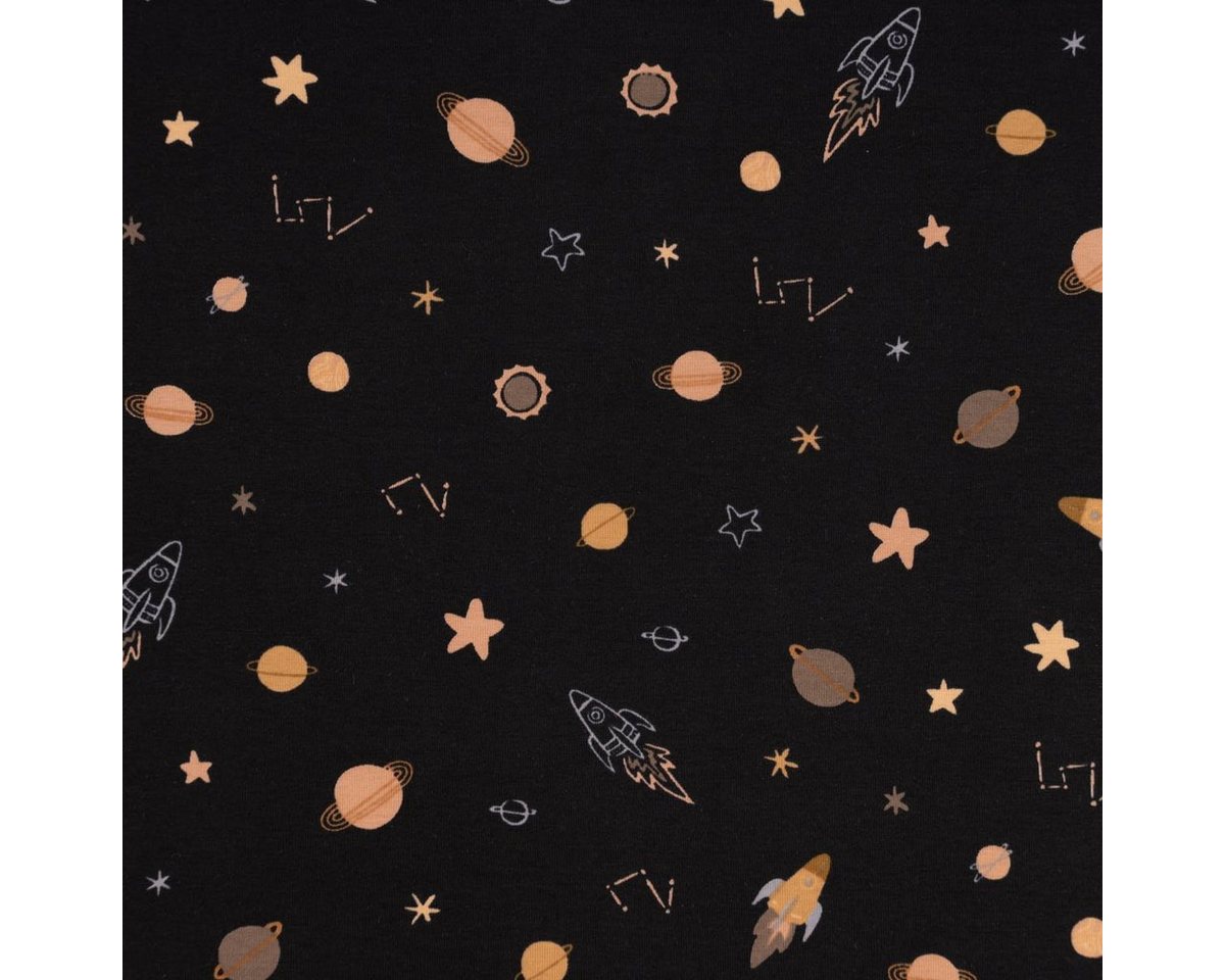 Thumbnail - SCHÖNER LEBEN. Stoff Baumwolljersey SPACE Rakete Planeten Sterne schwarz hellbraun ocker 1, allergikergeeignet