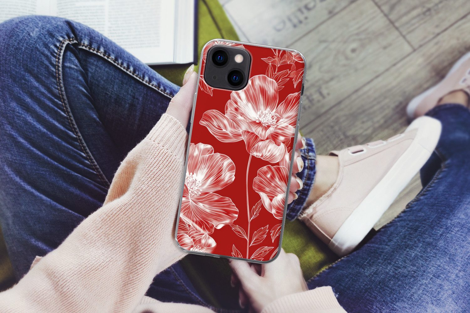MuchoWow Handyhülle für Apple iPhone 13 Blumen - Muster - Rot - Weiß, Smartphone-Bumper, Print, Handy Schutzhülle Dünn