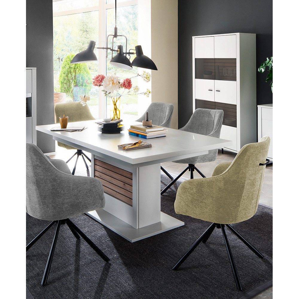 Lomadox Esszimmer-Set LAUREANA-05, (Spar-Set, 2-St., Vitrine Esstisch), Esszimmermöbel, weiß mit Eiche, ausziehbarer Esstisch 180/230/280cm