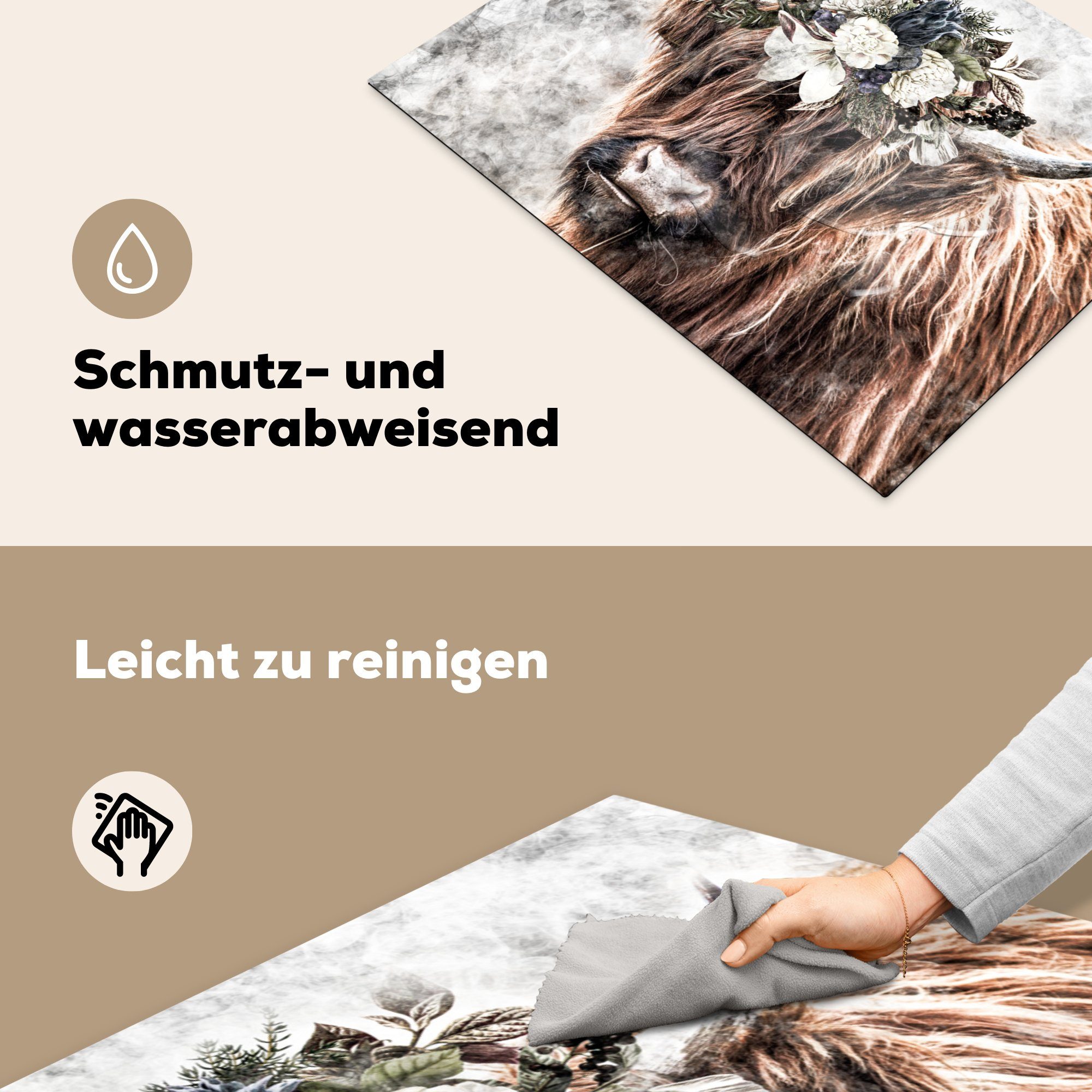 MuchoWow Herdblende-/Abdeckplatte Schottischer Hochländer Ceranfeldabdeckung Flora, 71x52 (1 Vinyl, für Rauch - küche, Schutz cm, tlg), - die Induktionskochfeld