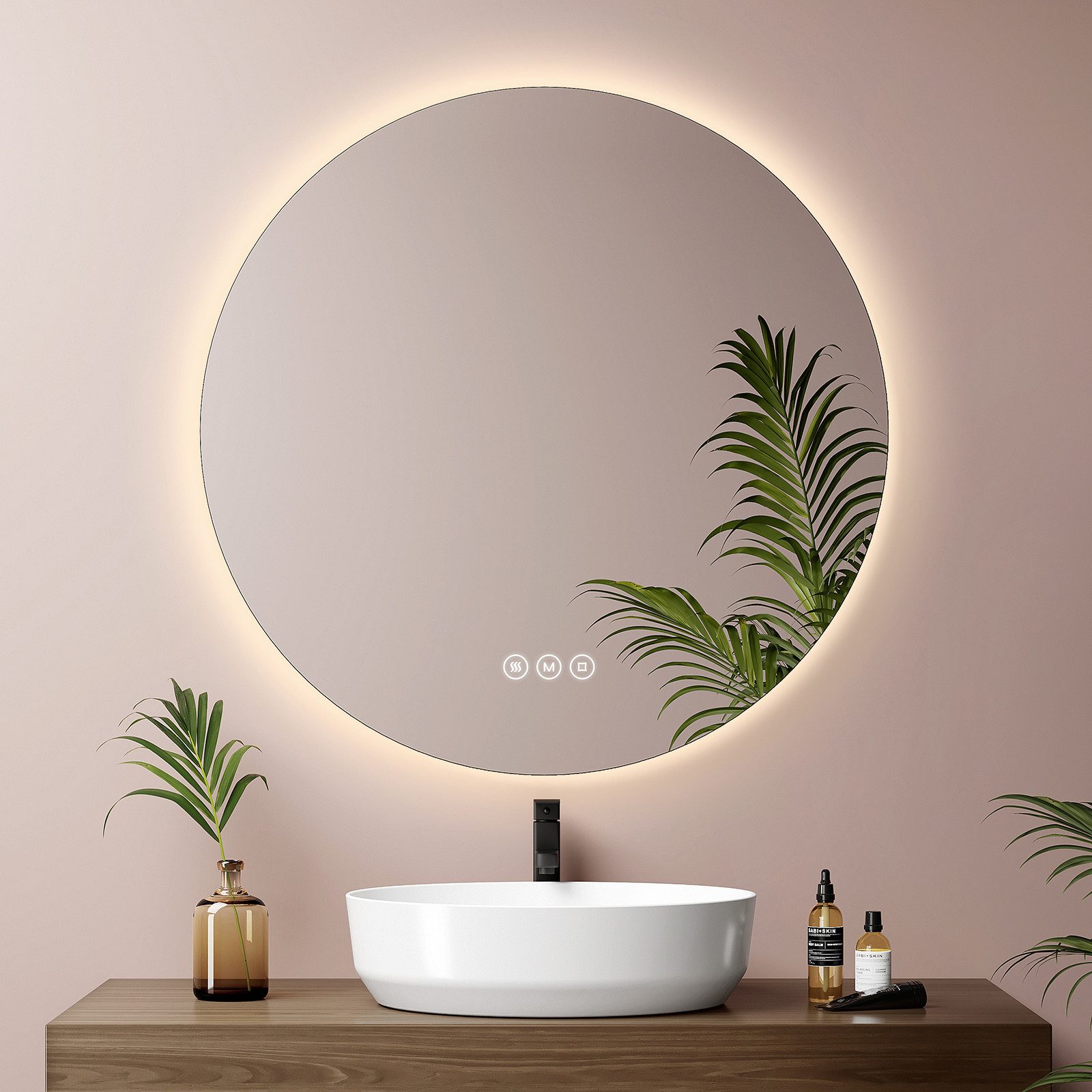 EMKE Badspiegel Runder Wandspiegel mit LED-Beleuchtung ohne Rahmen, Dimmbar Modern (50~80cm, Touchschalter), Kalt/Neutral/Warmweiß Licht,Dimmbar Antibeschlag,Memory Funktion,IP44