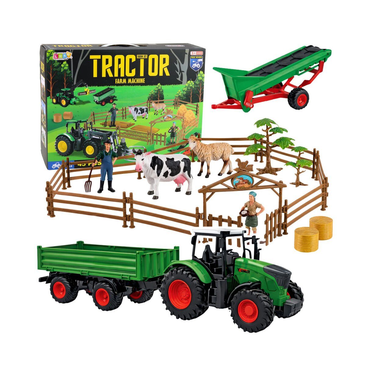 Wisam Spielzeug-Traktor Landwirtschaftliches Set Traktor mit Anhänger Tiere Bauern
