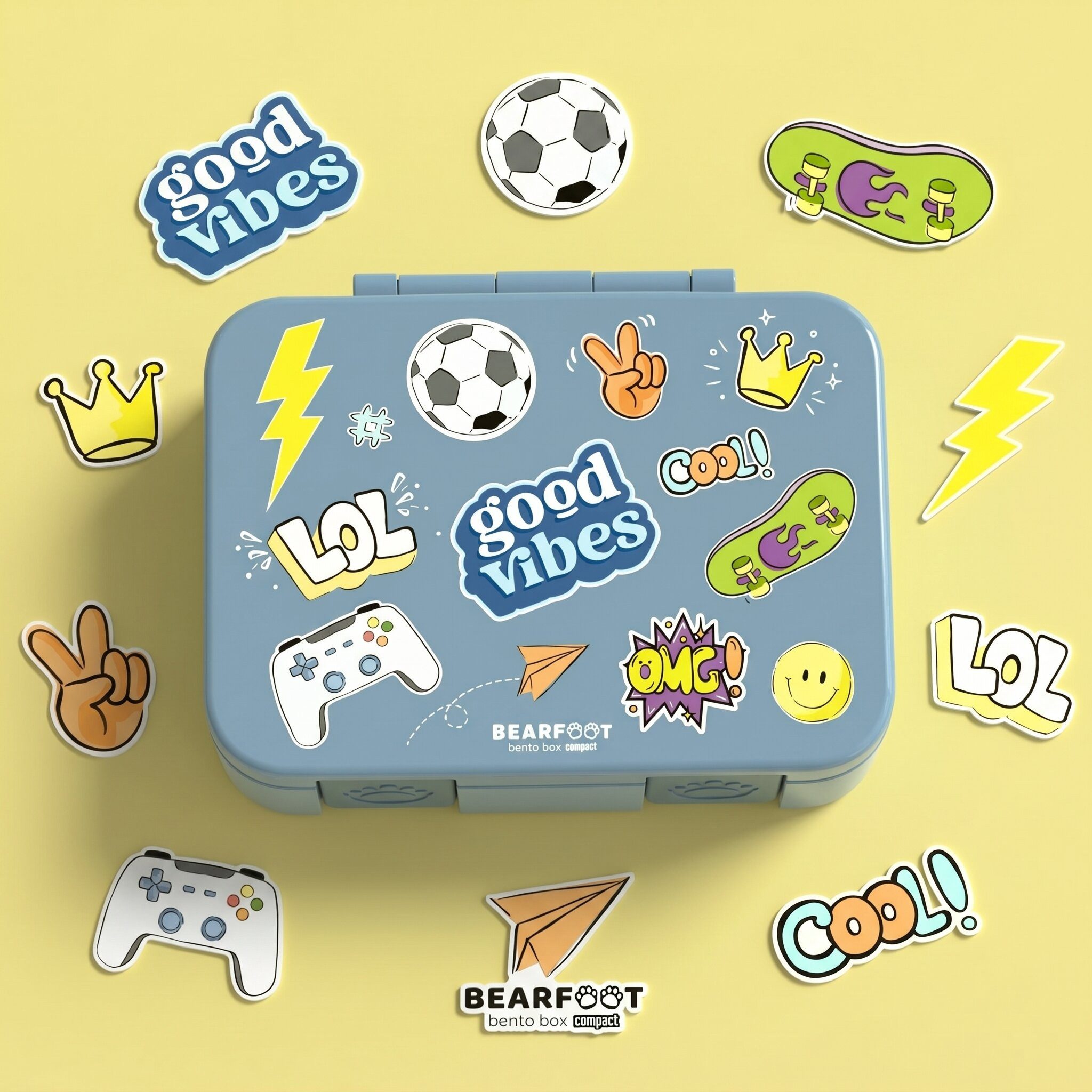 BEARFOOT Lunchbox Brotdose mit Fächern, auslaufsicher - Sticker blau 650ml, PP, ABS, Silikon, Kindergarten und Schule - Mädchen und Jungen, Vesperbox, Snackbox