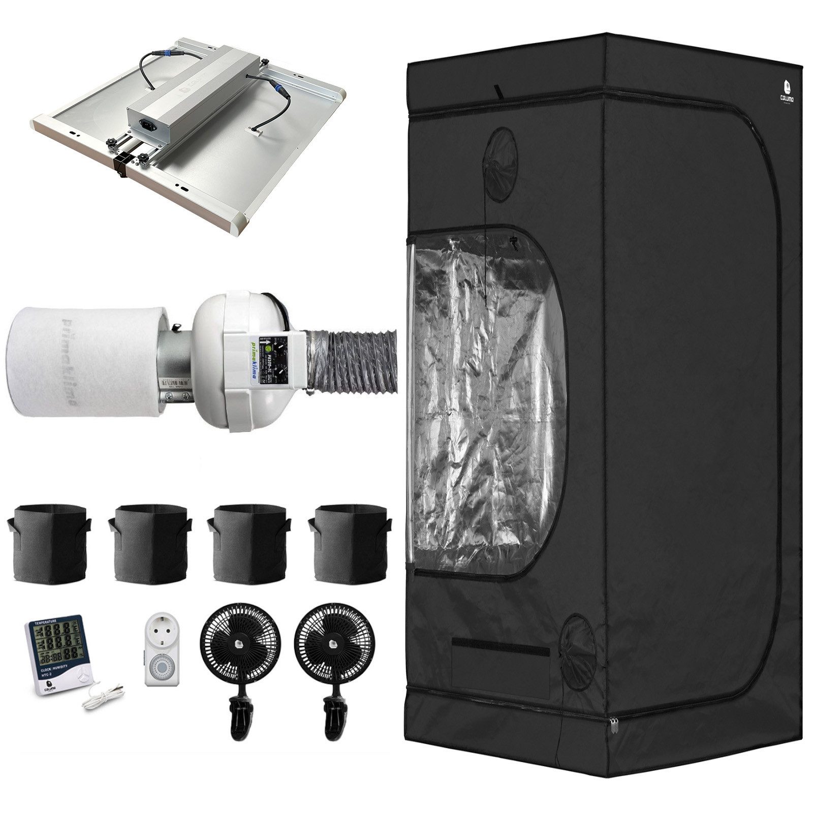 Green Spirit Gewächshaus Growbox Komplett Set Classic XL, PK Lüfter, 120x120 cm, 320W LED, BxTxH: 120 x 120 x 200 cm, Komplettset, Zelt,Lampe,Lüfter,Filter,Hygrometer,Töpfe,Ventilator,Schloss, 120x120x200 cm, 320W LED, Prima Klima PKVS-100-TC Lüftungsset
