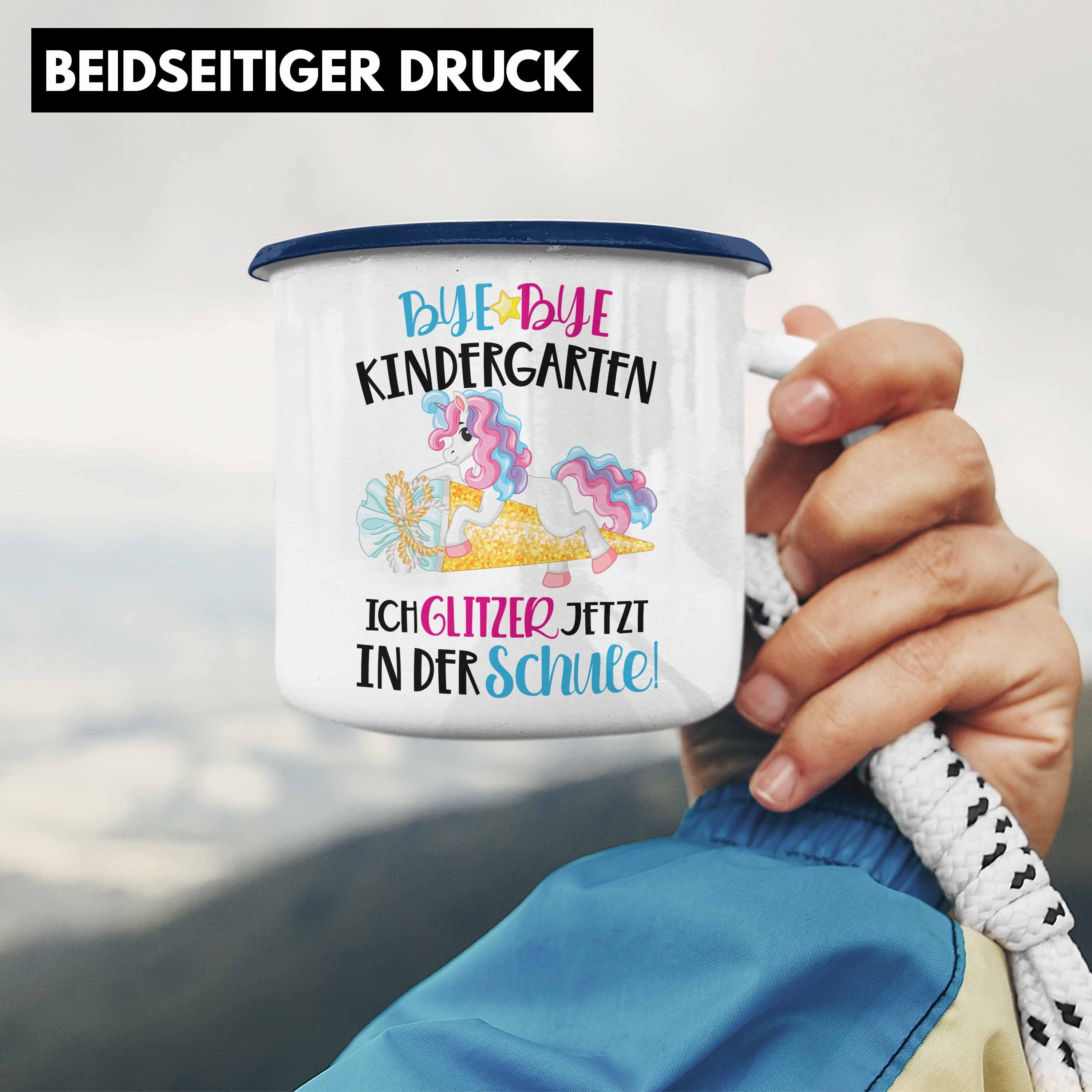 Trendation Geschenk Schulkind Geschenkidee 1. Kindergarten Schulanfang Tasse Thermotasse Einschulung 2022 Emaille Blau Bye Schuleinführung Trendation - Mädchen Bye Schultag Schulstart