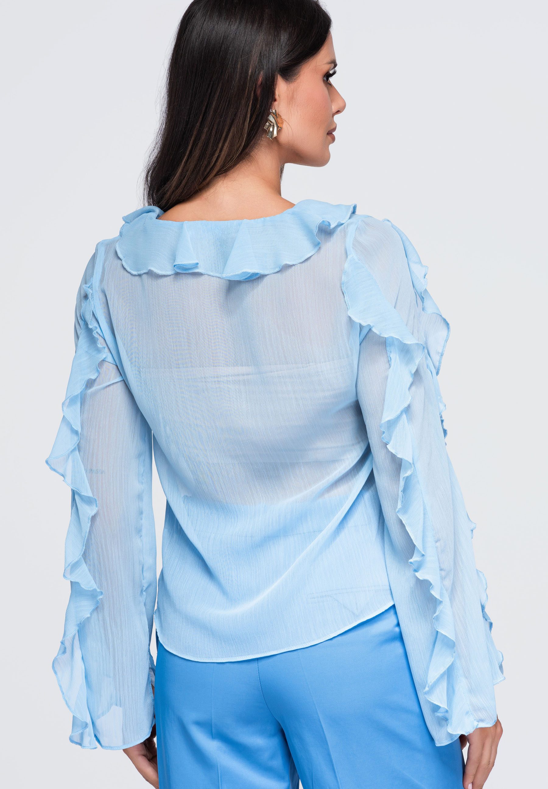 OMBRE Hemdbluse Damen Bluse mit V-Ausschnitt und Rüschen Blau L (kein Set, 1-tlg) Volantkragen