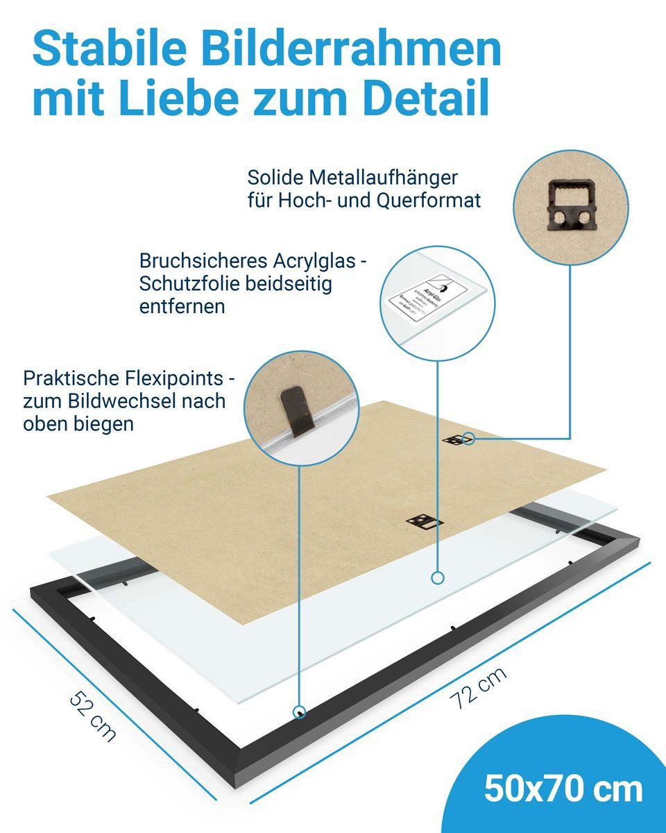 PHOTOLINI Bilderrahmen modern mit bruchsicherem Acrylglas, Holz MDF für Fotos & Poster, für 1 Bilder (1 Einzelrahmen), Posterrahmen 50x70 cm zum Aufhängen