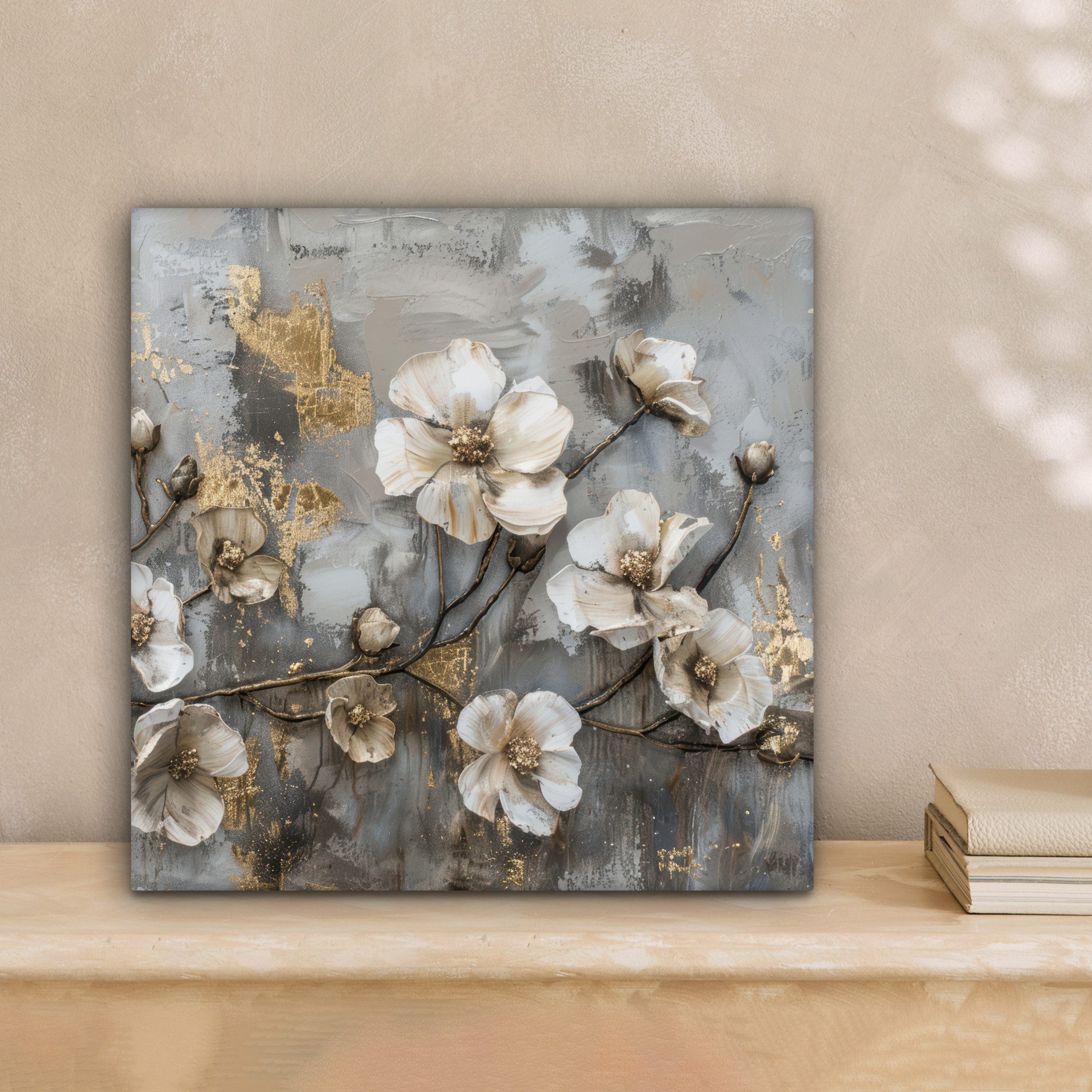 OneMillionCanvasses® Leinwandbild Blumen - Weiß - Grau - Gold - Luxus, Foto günstig online kaufen