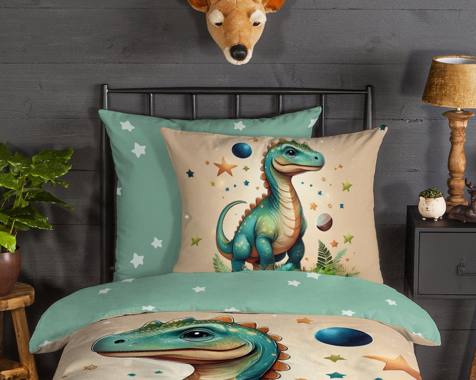 good morning Kinderbettwäsche Milo, Biber, Flanell, 2 teilig, Flanell Biber, 135x200, Warm, Reißverschluss, Wende, Kind, Junge, Dino – Bild 3 von 5