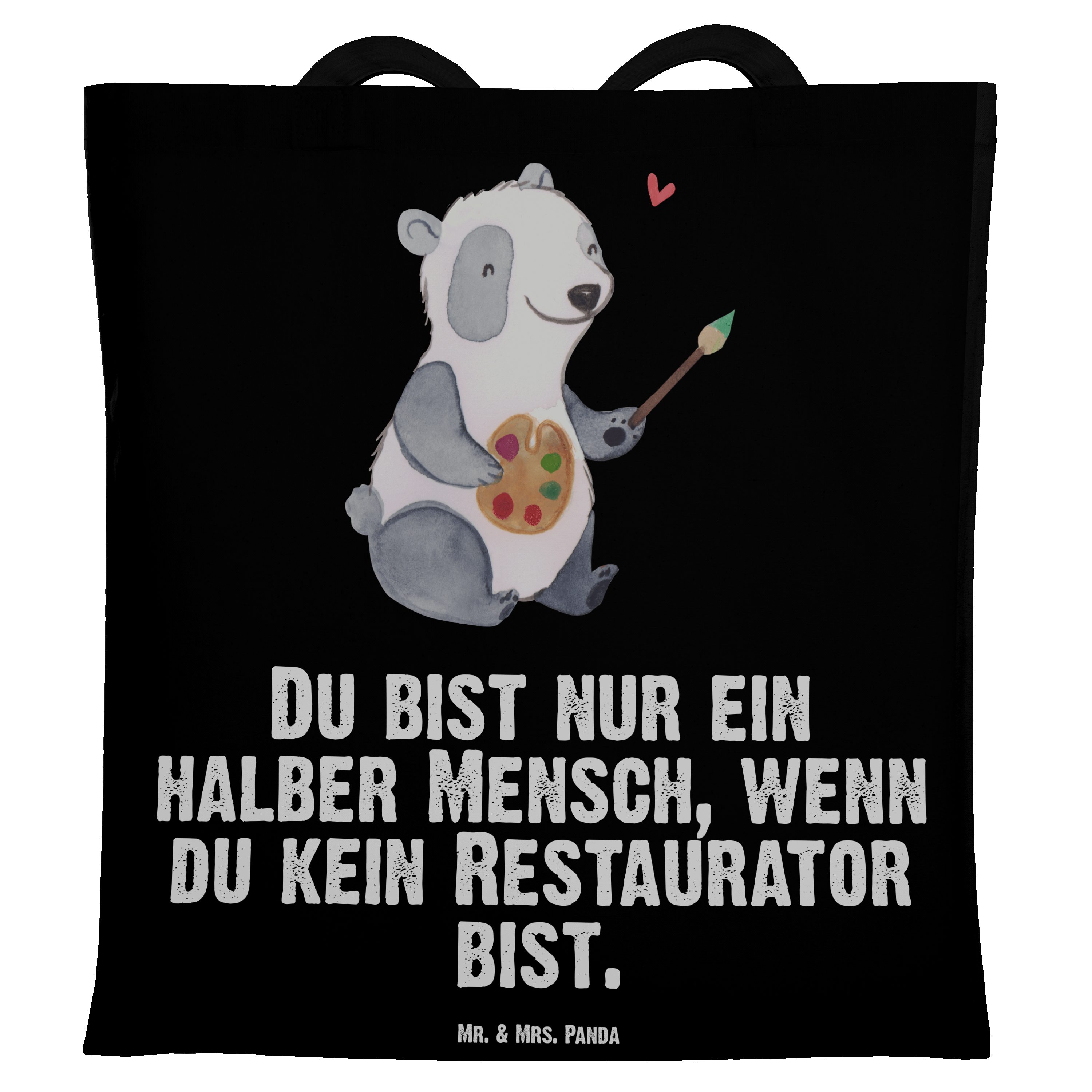 Mr. & Mrs. Panda Tragetasche Restaurator mit Herz - Schwarz - Geschenk, Jutebeutel, Abschied, Beru (1-tlg)