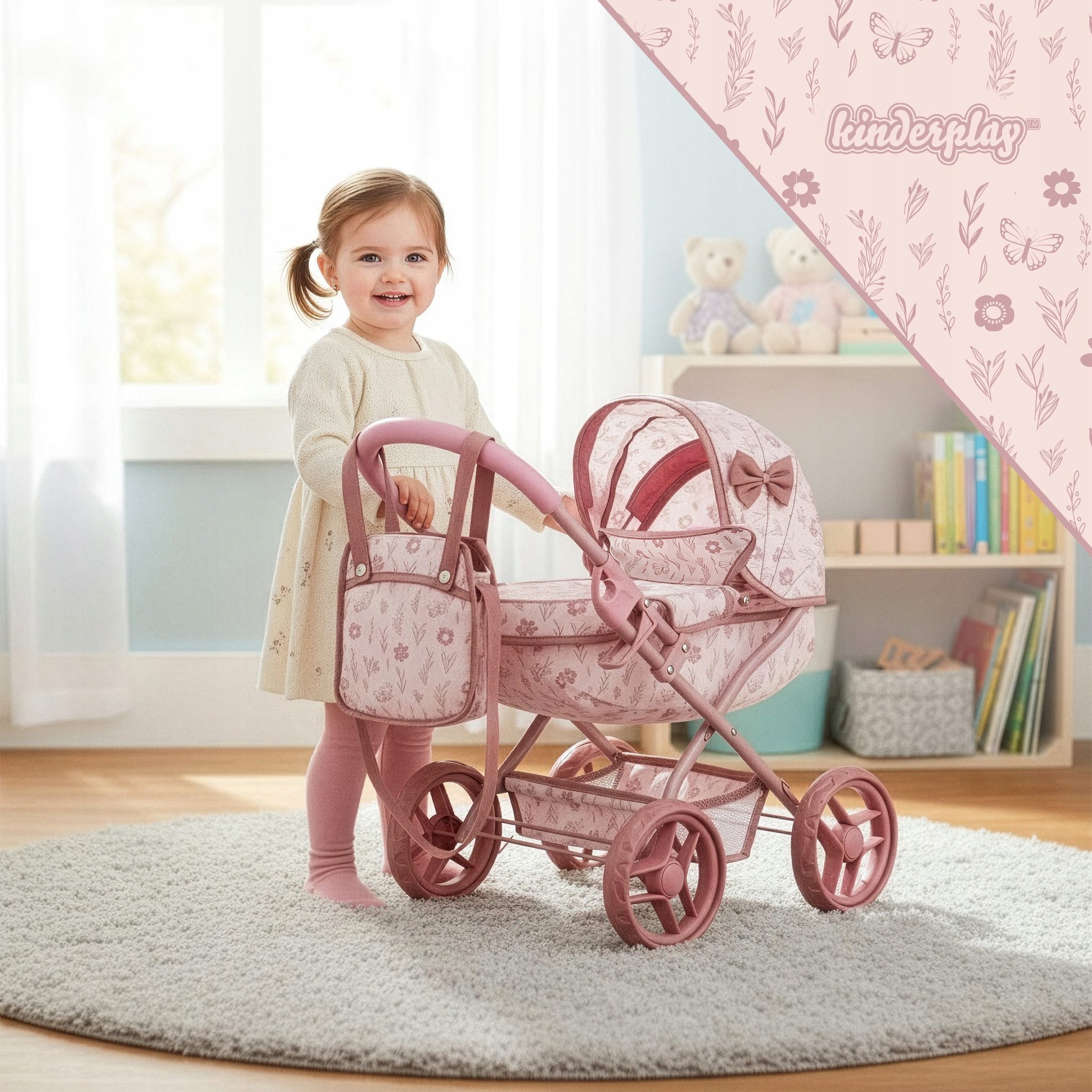 kinderplay Puppenwagen Puppenwagen rosa – mit Tasche und Korb – für Kinder günstig online kaufen