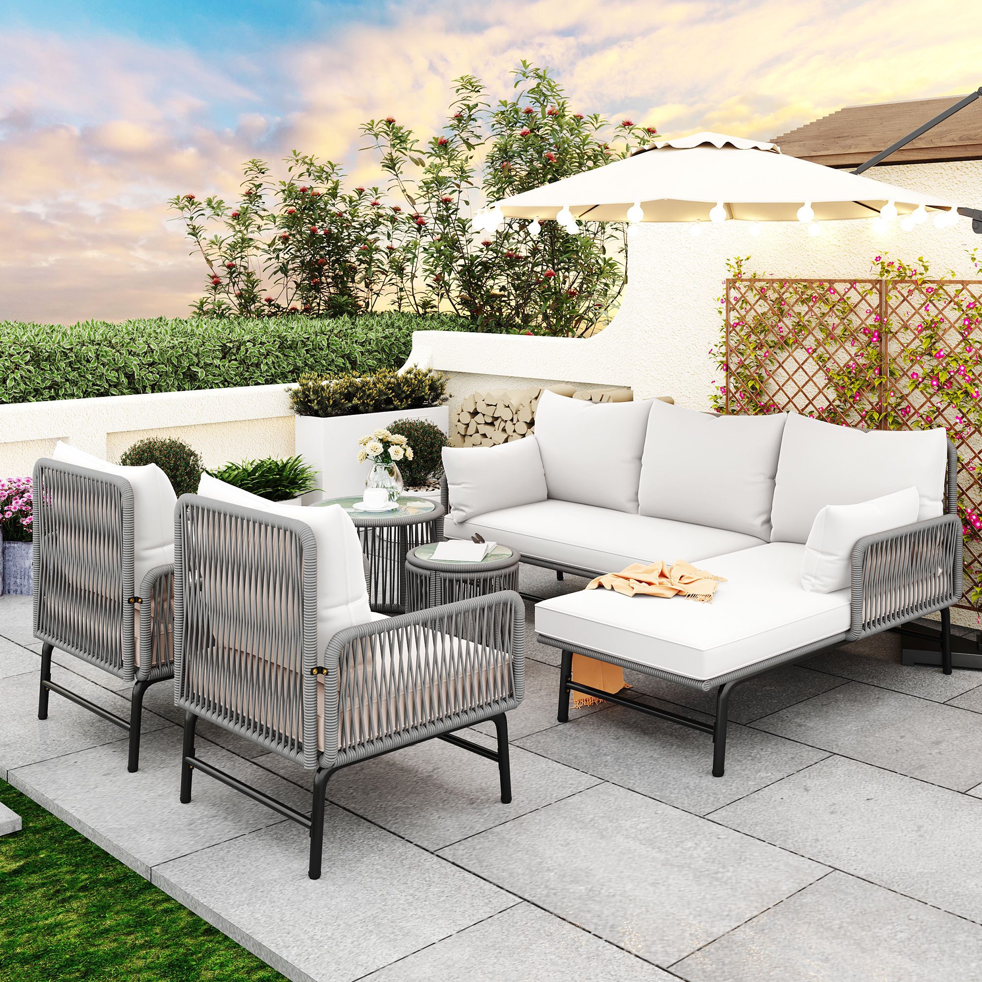 Flieks Gartenlounge-Set, 6-Sitzer Gartenmöbel mit gewebtem Seil (2 Sofas+2 Stühle+2 Tische), Gartenlounge-Set Set