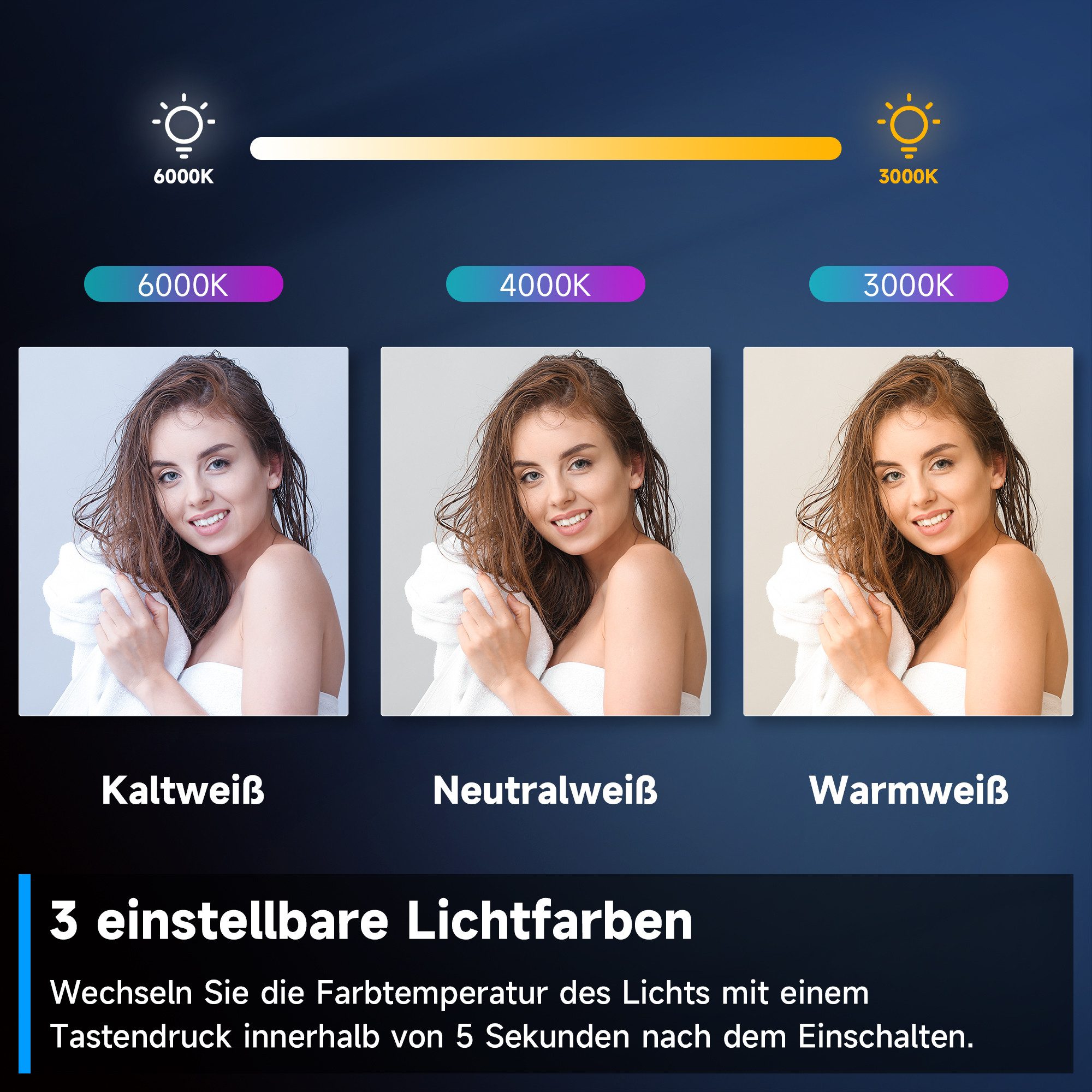 SONNI Badspiegel Spiegel mit dreifarbigem LED-Licht, 80 x 60 cm, Lichtspiegel, Einstellbare Helligkeit, Badezimmerspiegel, Touch-Schalter – Bild 5 von 5