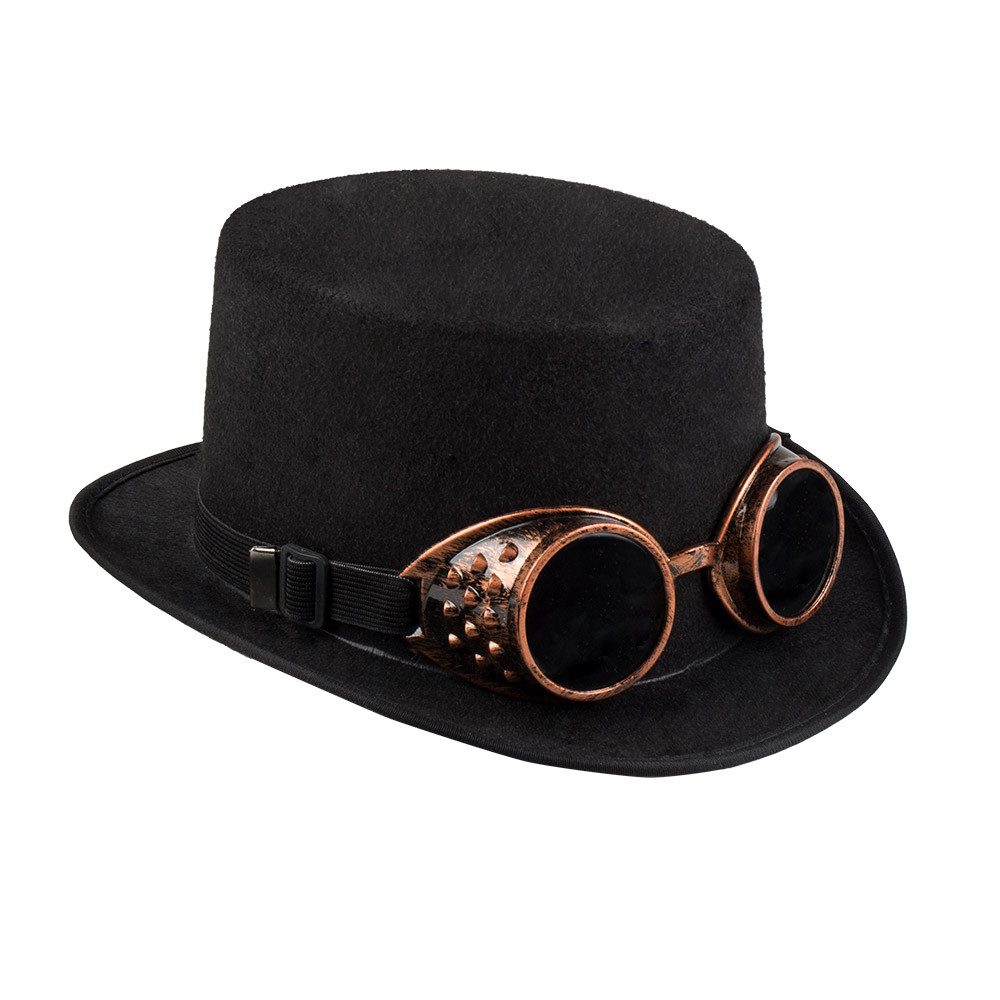Boland Kostüm Hut Steampunk schwarz mit Goggles Zylinder Partybrille für Kostüme, Zylinder-Design im Retro-Futurismus Look