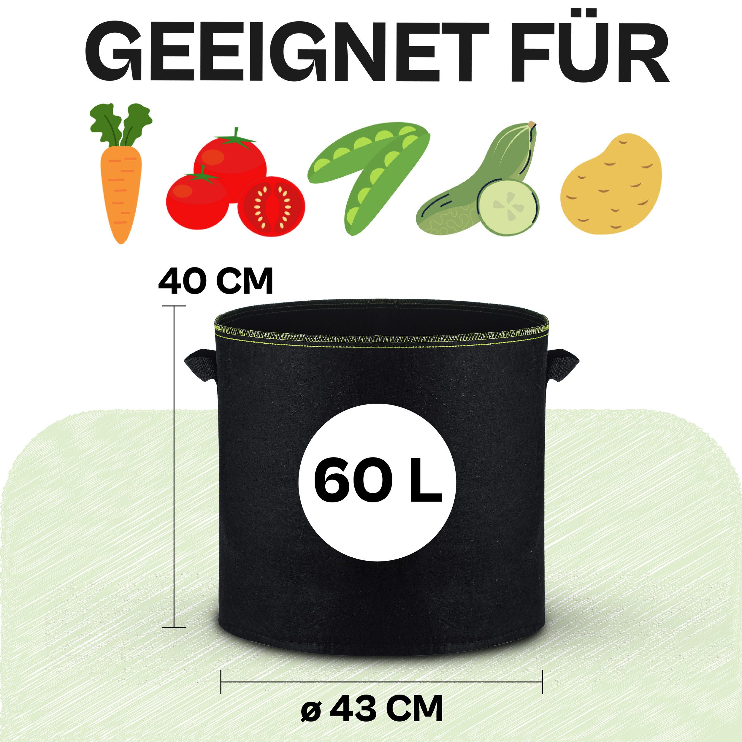 Praknu Pflanzkübel Pflanzsack 60l - 3 STK aus Vliesstoff mit 3 Schilder zum Beschriften (3er Set, 3 St), mit Griff - Für Gemüse, Pflanzen & Blumen - Stofftöpfe - Grow Töpfe