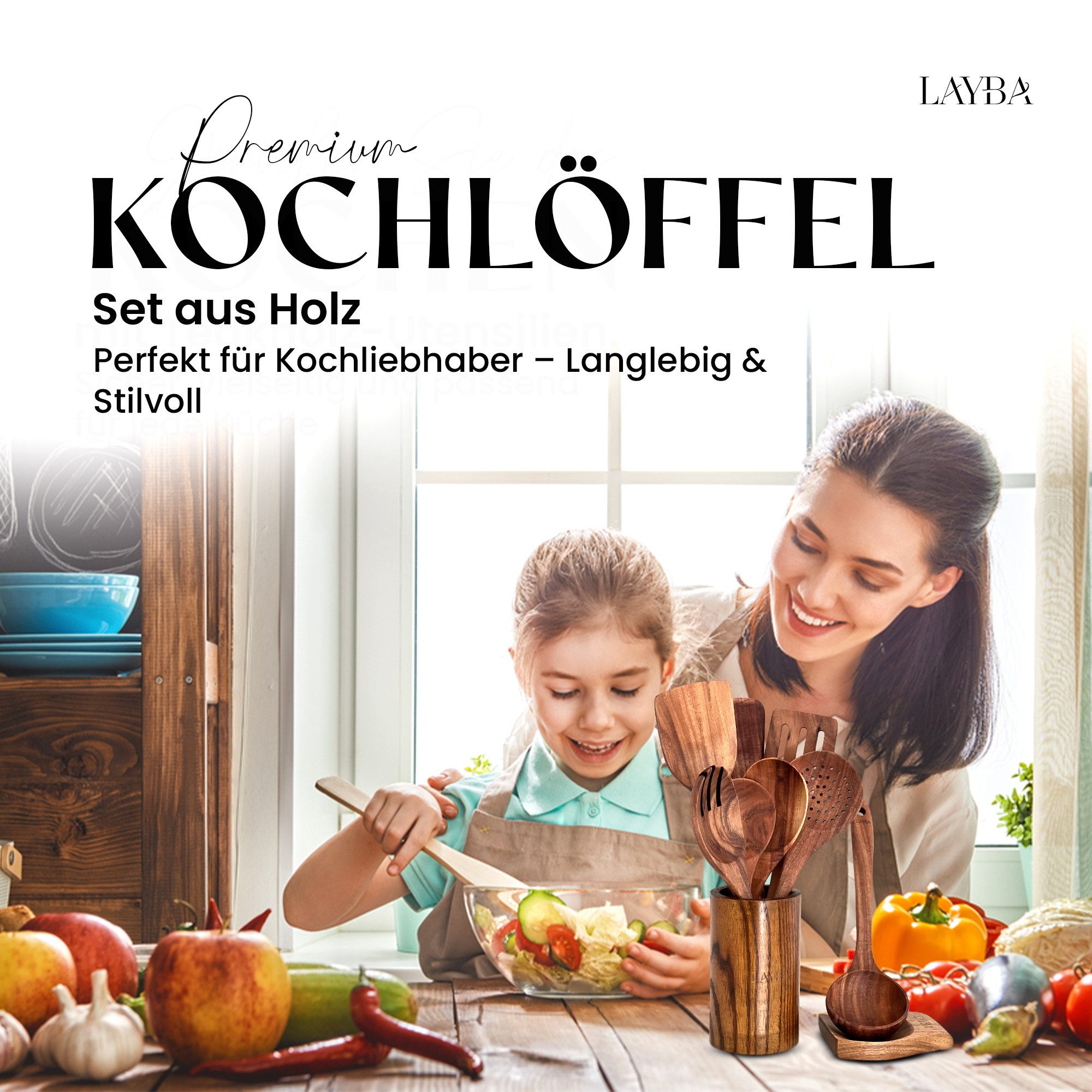 Layba Kochbesteck-Set LAYBA Teakholz-Küchenutensilien-Set 10-teilig mit Behälter und Ablage – Bild 5 von 5