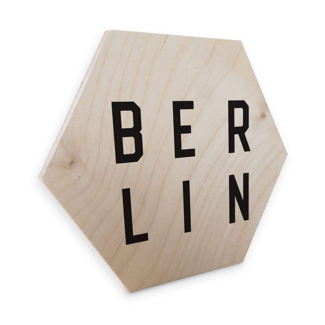 K&L Wall Art Holzbild Hexagon Holzdeko Typografie Berlin Vintage Wohnzimmer Holzposter, Wandbild Birke-Furnier naturbelassen, Holz Wandbild fürs Wohnzimmer Boho Holzschild inkl. Wandhalterung