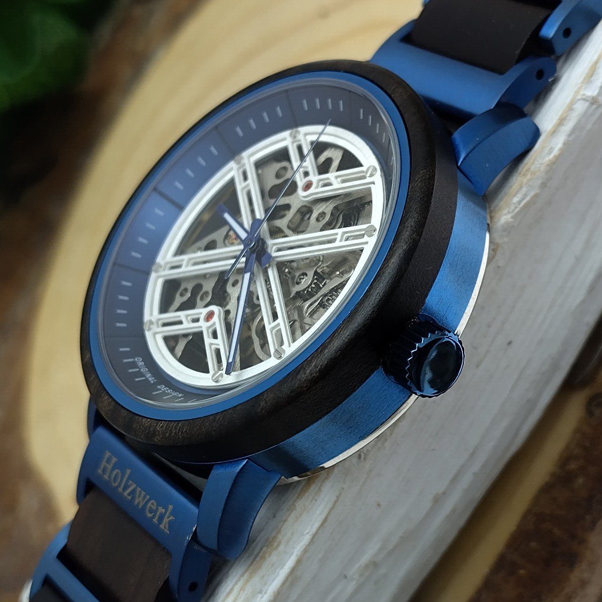 Automatikuhr Uhr, Holz Herren blau, matt COLDITZ weiß, Edelstahl Armband schwarz Holzwerk &